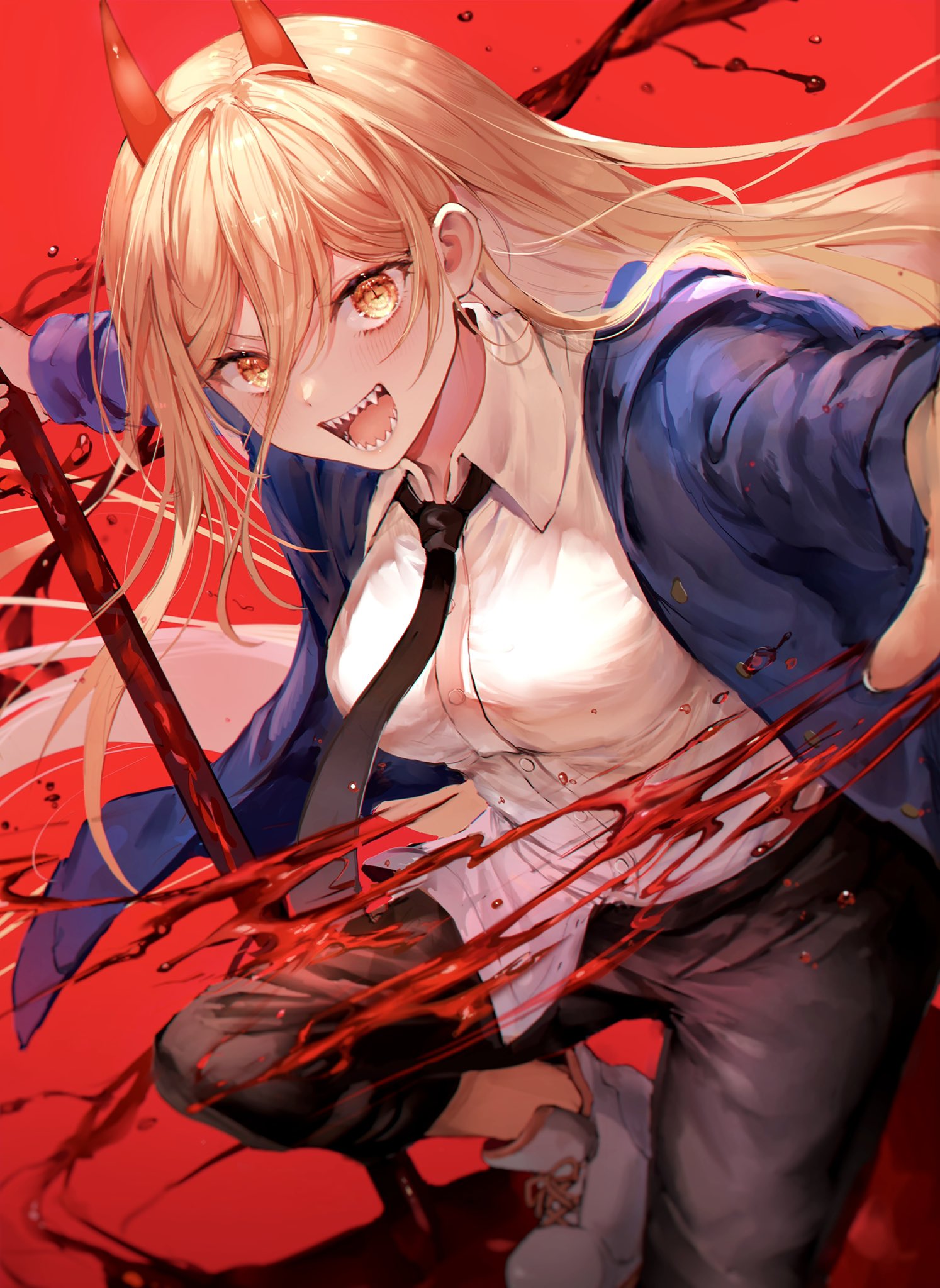Anime 1494x2048 Chainsaw Man Power (Chainsaw Man) anime girls anime long hair tie horns digital art artwork blood weapon blonde looking at viewer simple background Noyu portrait display yellow eyes