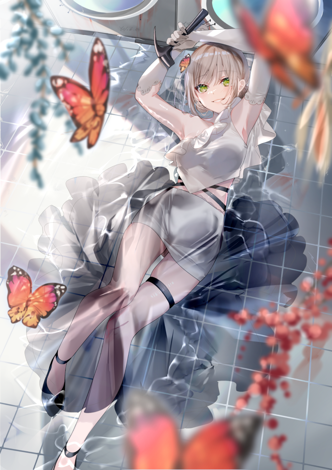 Anime 1389x1966 anime Pixiv anime girls portrait display butterfly looking at viewer armpits hammer elbow gloves water smiling green eyes