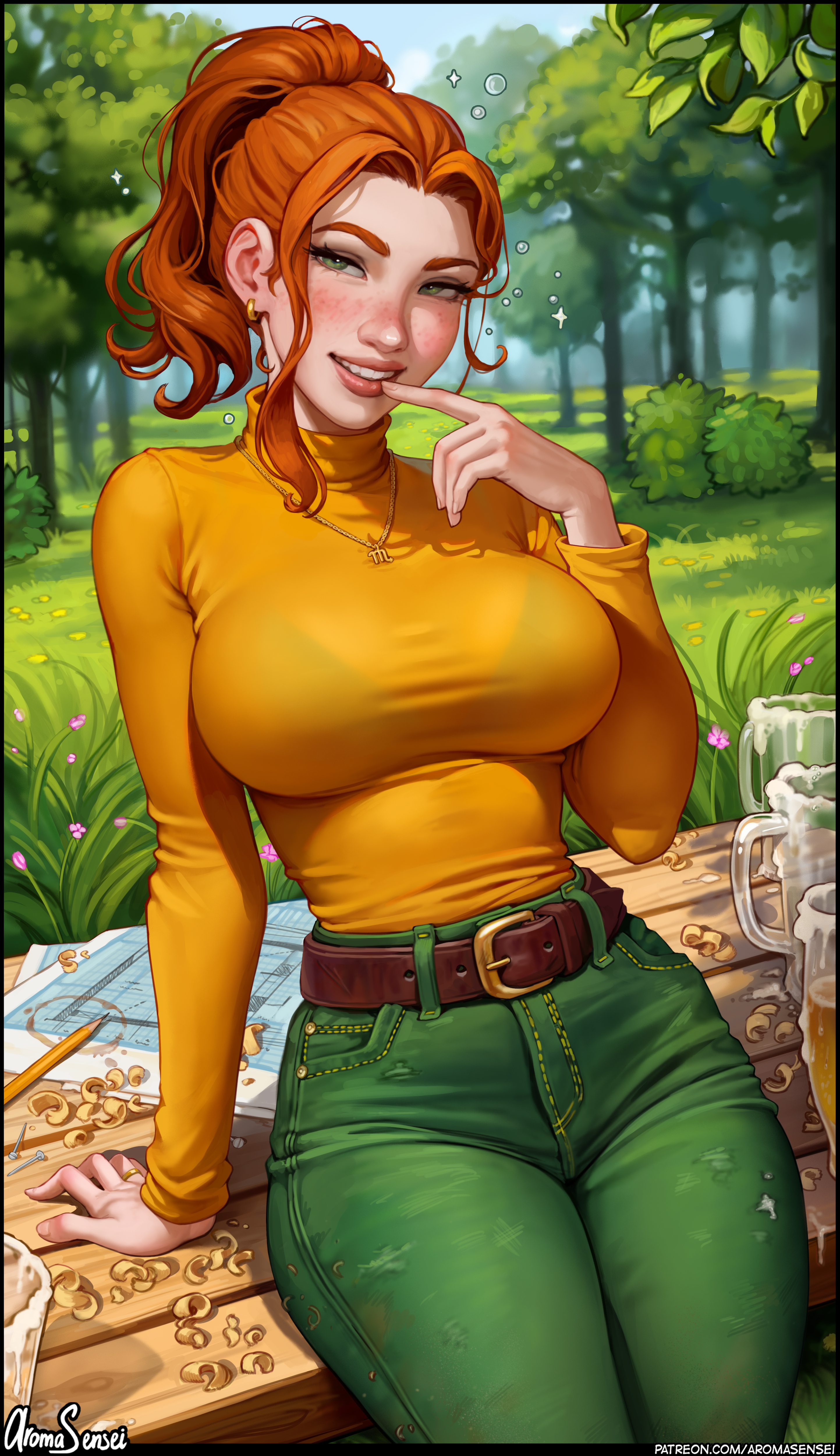 General 2886x5000 video games video game girls video game characters redhead artwork drawing fan art Aroma Sensei ponytail smiling portrait display necklace bra grass leaves Robin (Stardew Valley) Stardew Valley