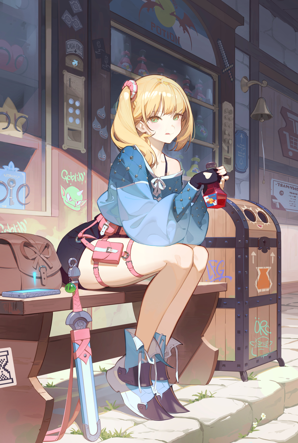 Anime 1008x1500 anime anime girls portrait display side ponytail tongue out sitting looking at viewer gloves fingerless gloves sword blonde potions thighs
