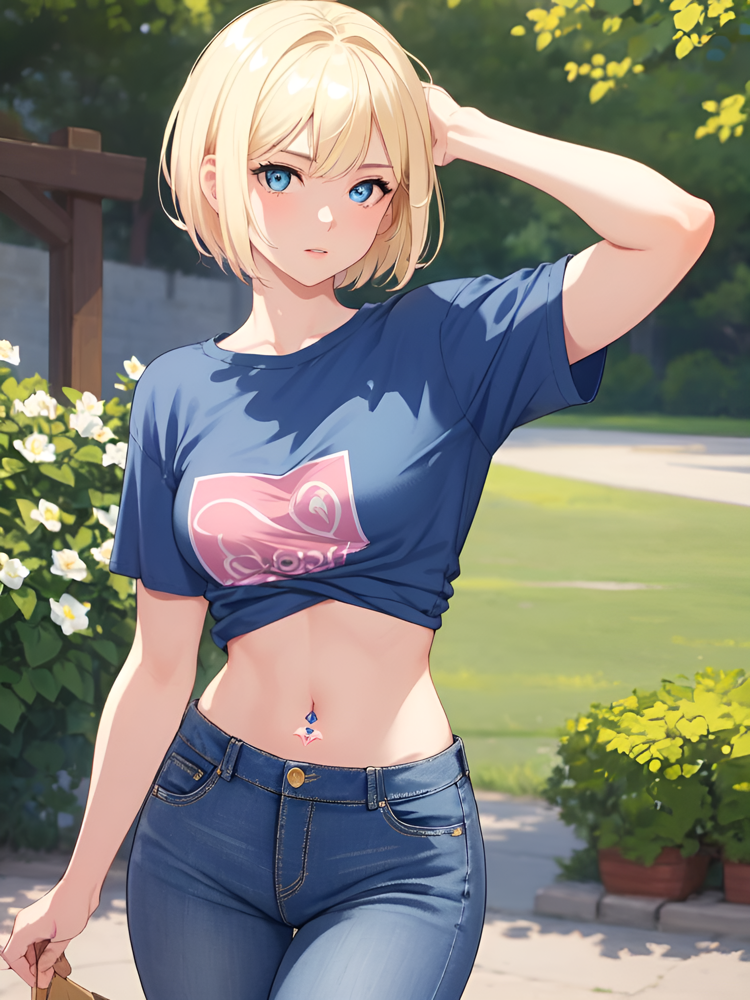 Anime 1536x2048 AI art anime girls blonde belly jeans looking at viewer blushing pierced navel blue eyes bare midriff short hair portrait display plants blue t-shirt flowers