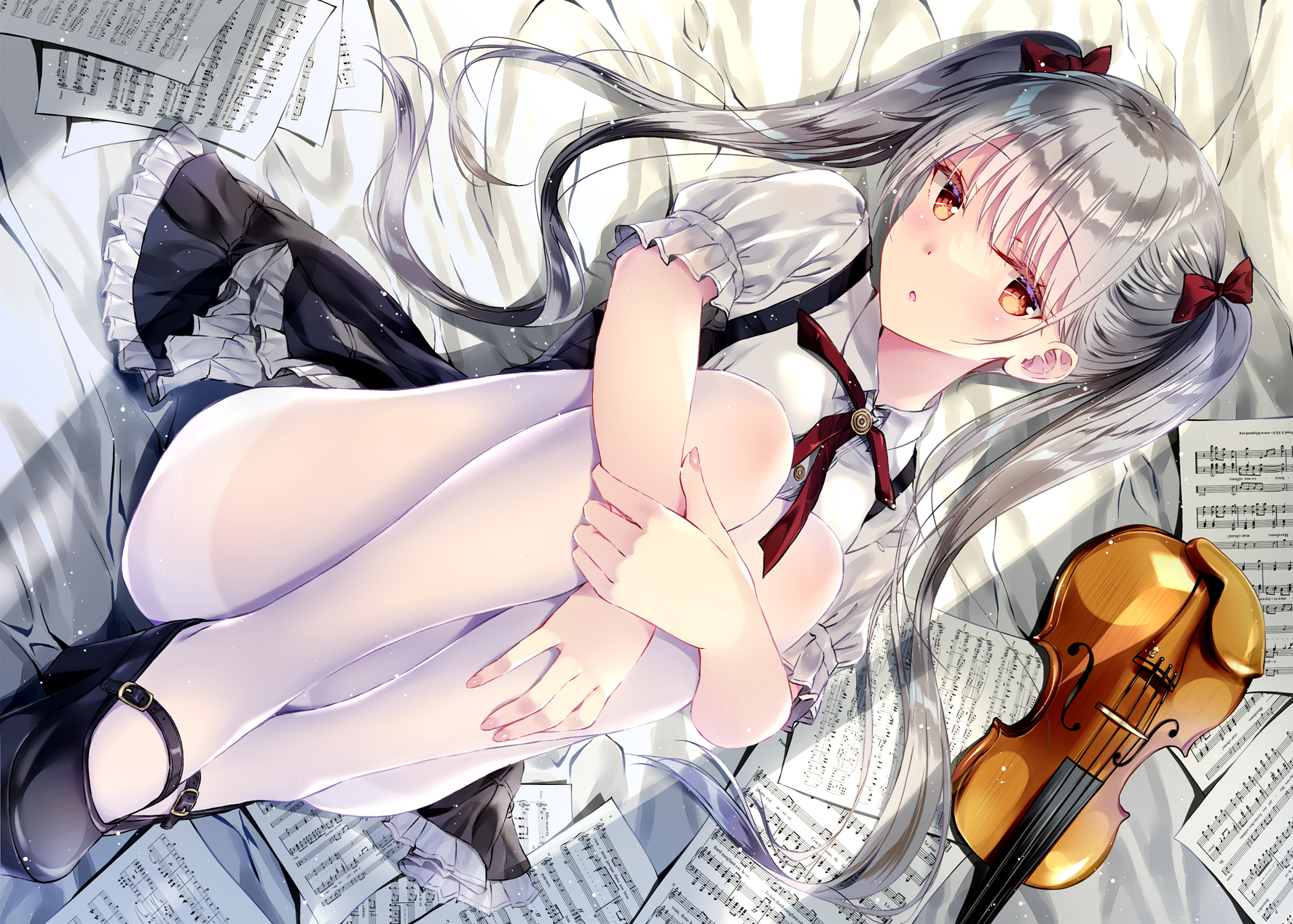 Anime 1775x1269 anime anime girls lying on back violin musical instrument paper musical notes twintails long hair looking at viewer pantyhose top view white pantyhose blushing