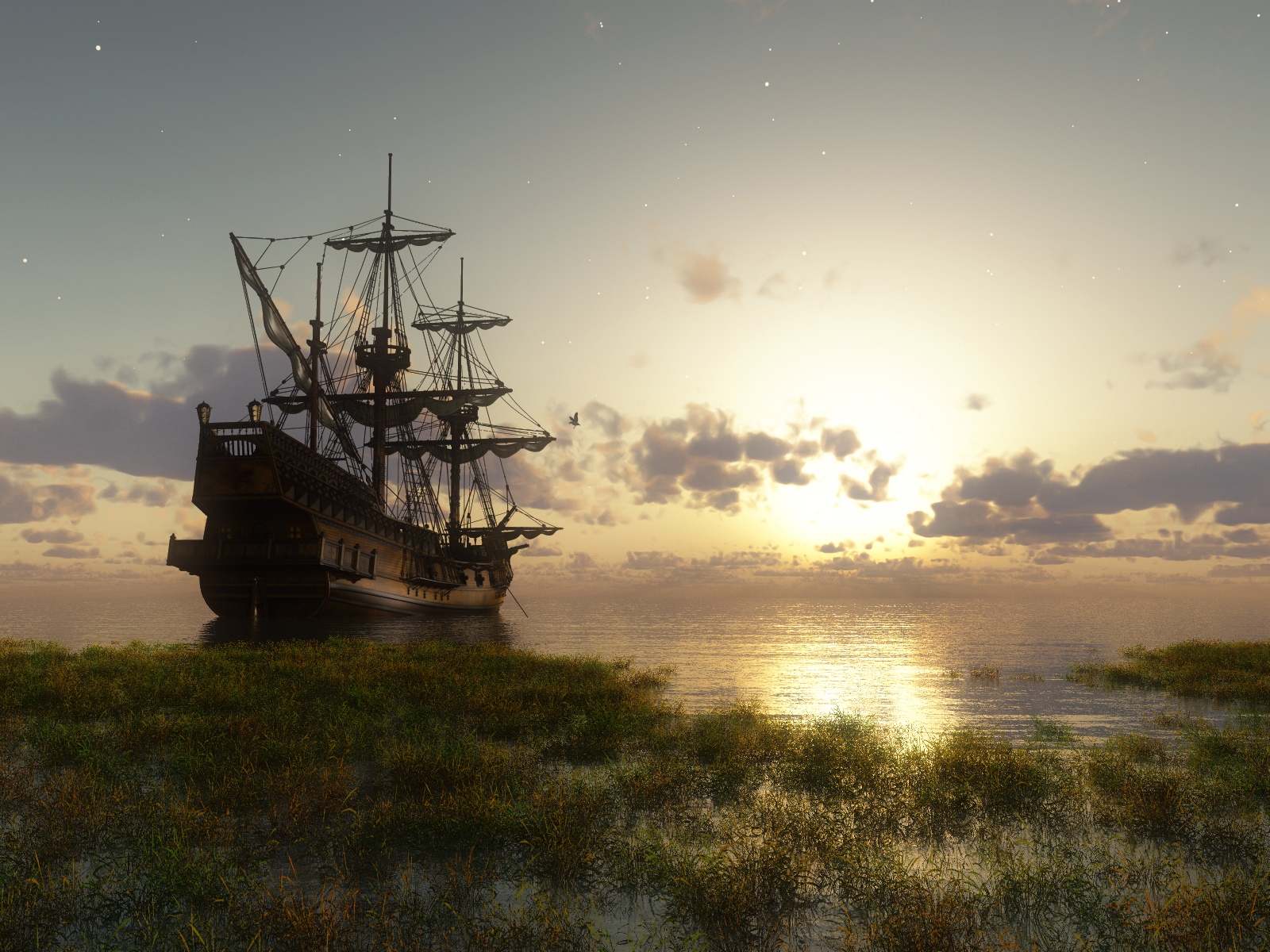 General 1600x1200 fantasy ship sea clouds sky sunset sunset glow water ship grass