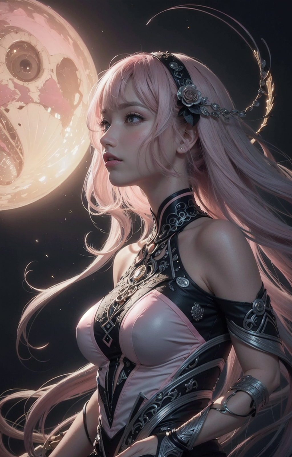 General 1024x1600 AI art women profile portrait display pink hair Asian long hair Moon looking away