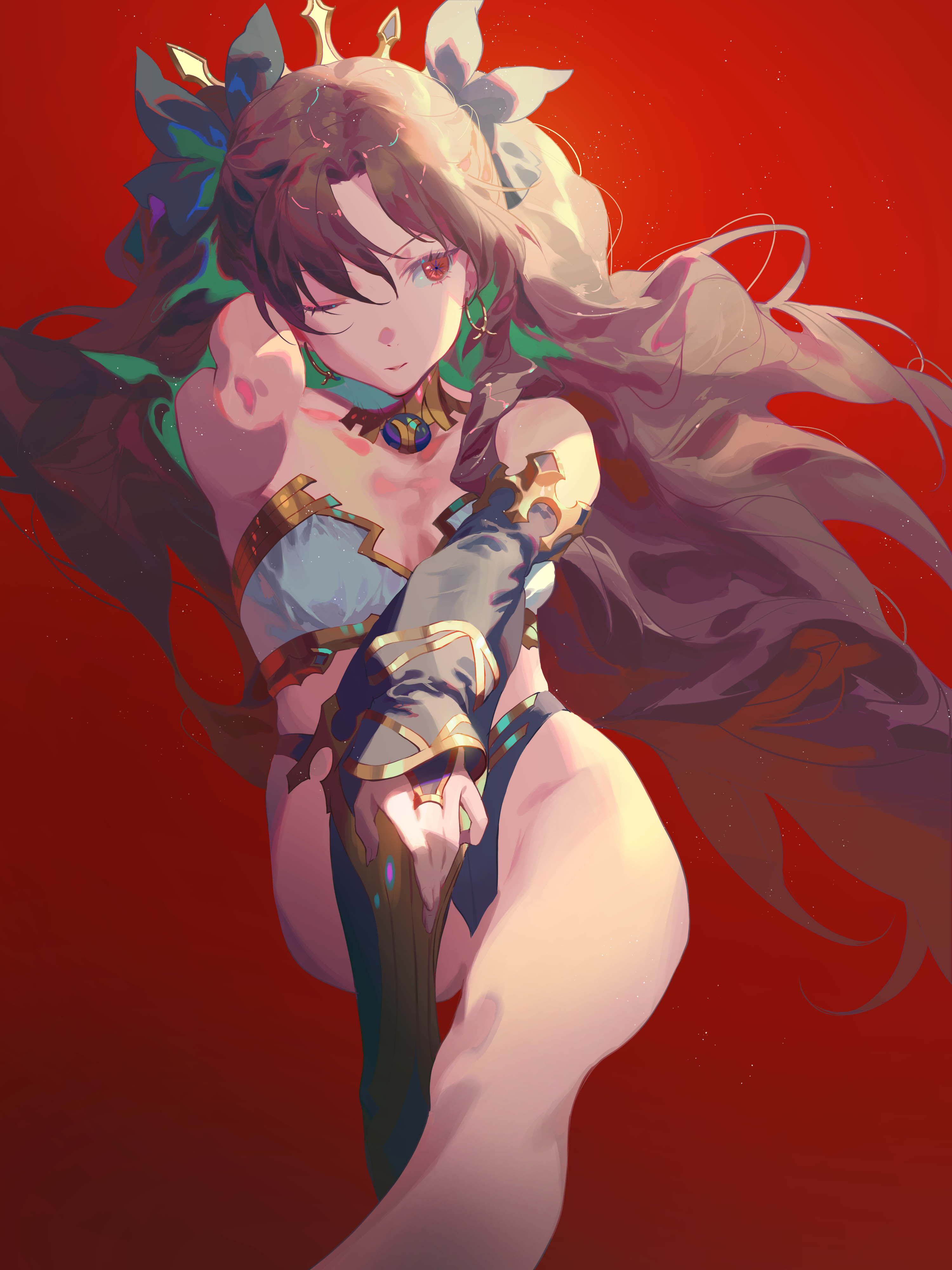 Anime 3000x4000 Fajyobore Fate/Grand Order Ishtar (Fate/Grand Order) bikini armor anime girls red background simple background smiling one eye closed long hair thighs looking away