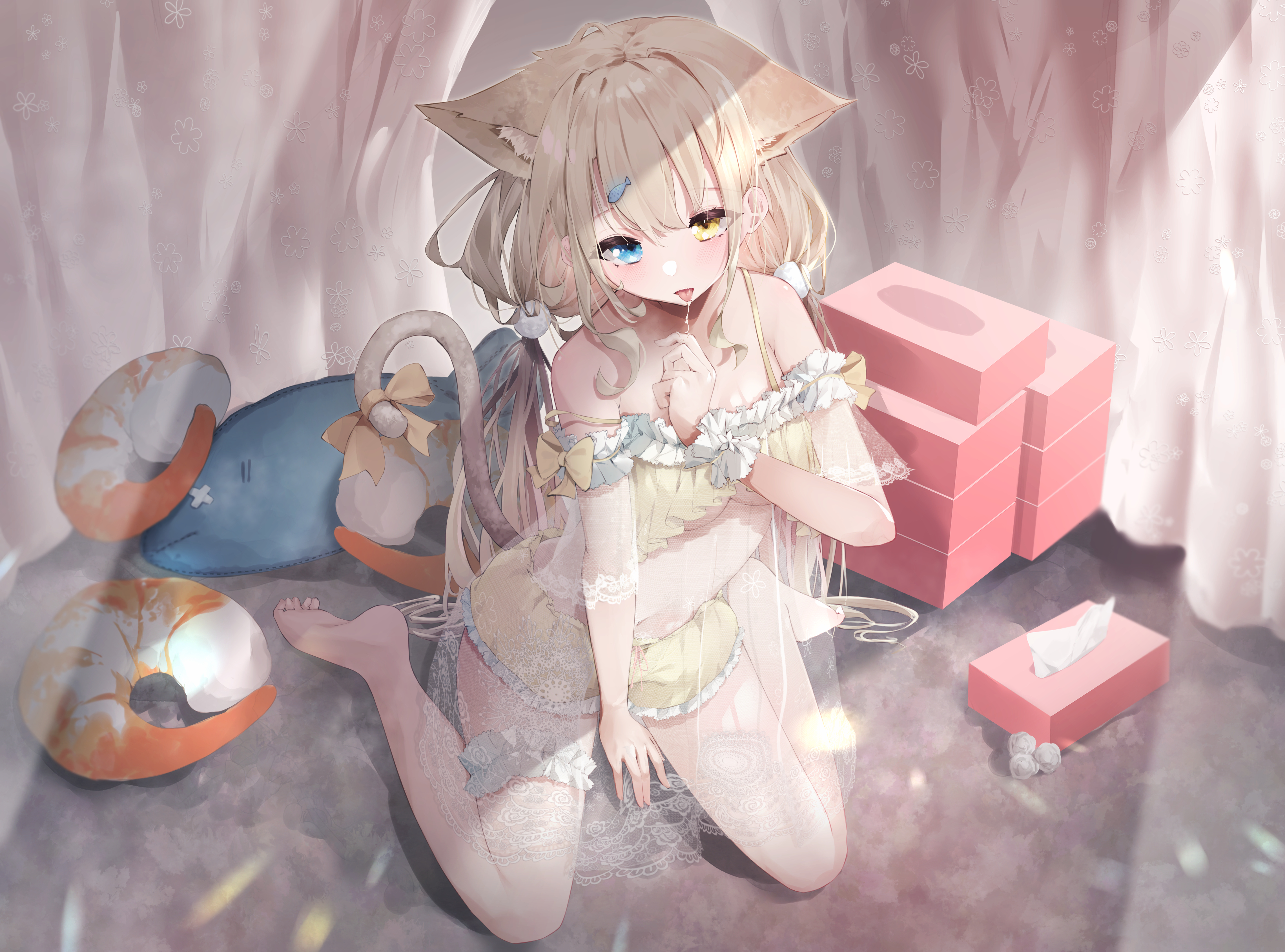 Anime 4560x3380 anime anime girls cat girl cat ears cat tail heterochromia tongue out lingerie looking at viewer long hair tissues saliva trail saliva shrimp loli blonde bare shoulders strap falling off shoulder wariza off shoulder indoors women indoors sena soar