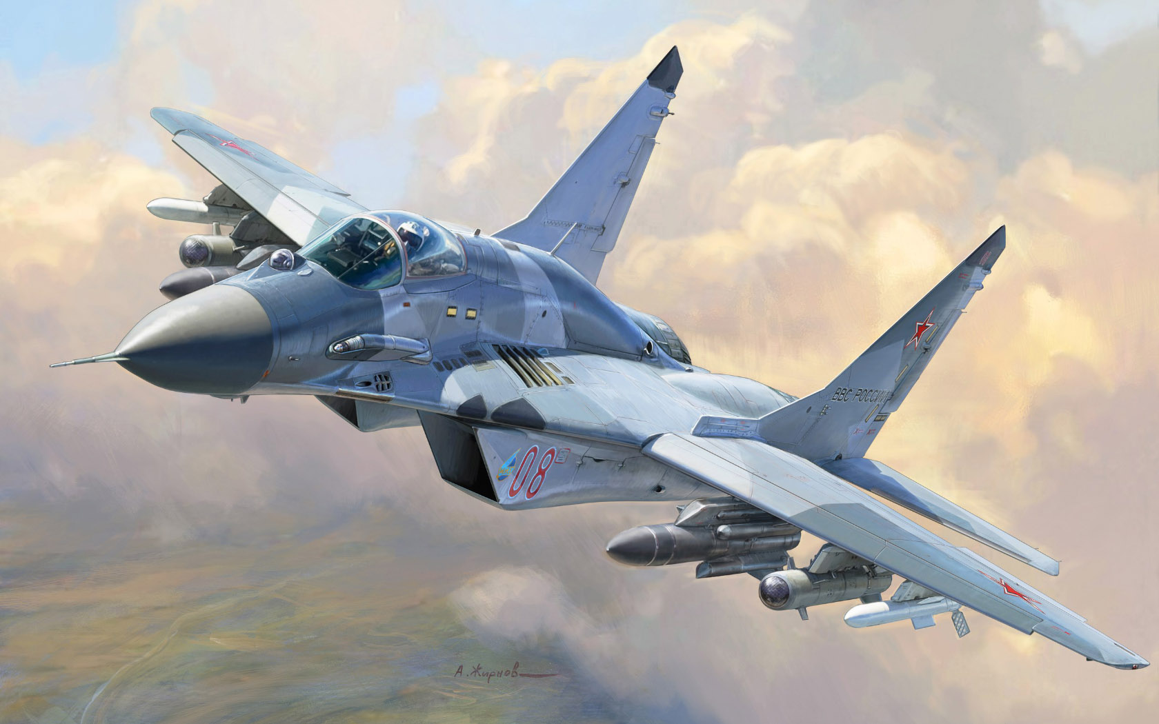 General 1680x1050 aircraft military Mikoyan MiG-29 sky clouds flying military vehicle artwork Russian Air Force Andrei Zhirnov Boxart missiles