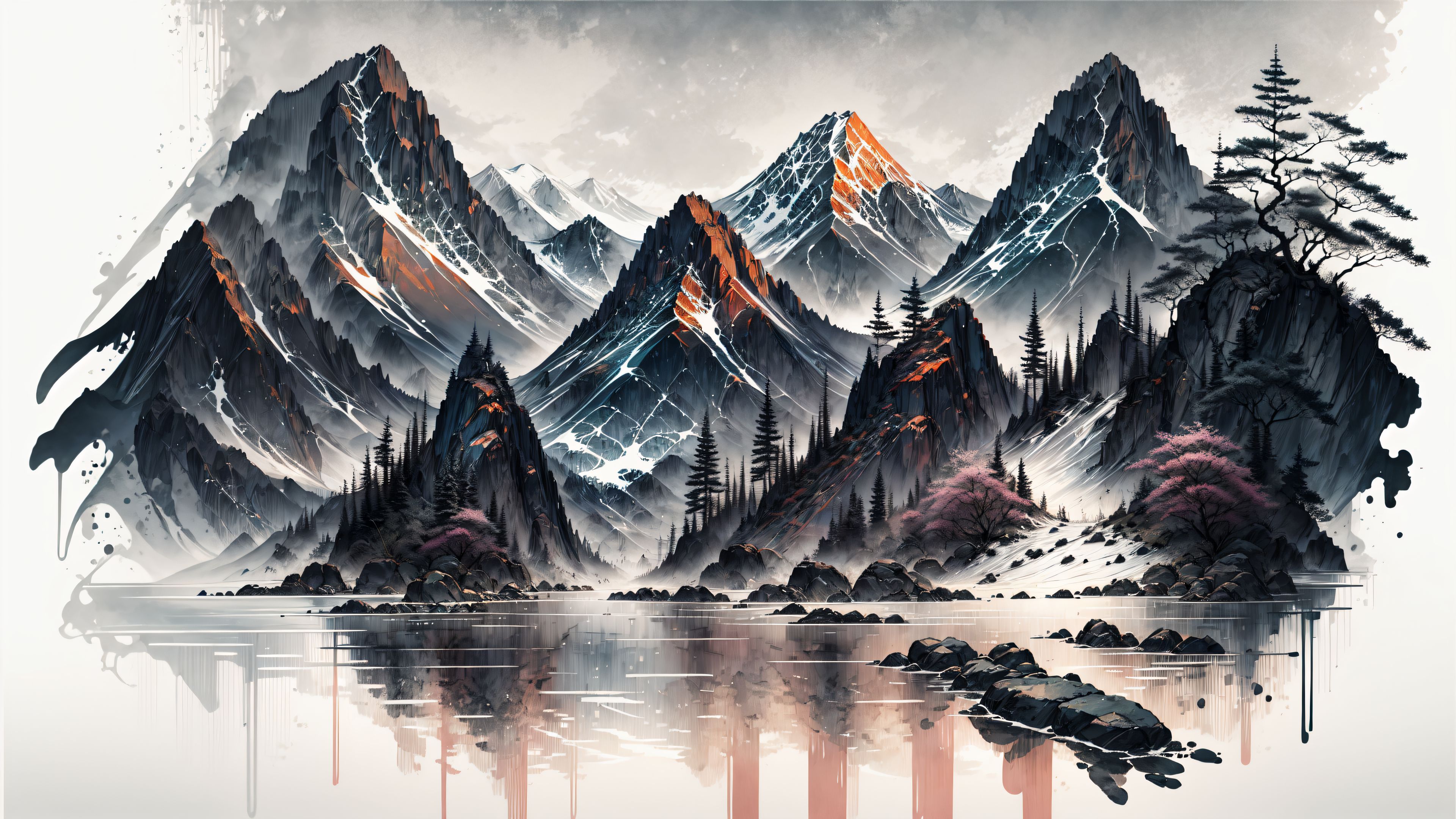 General 3840x2160 mountain top ink AI art water reflection rocks trees nature