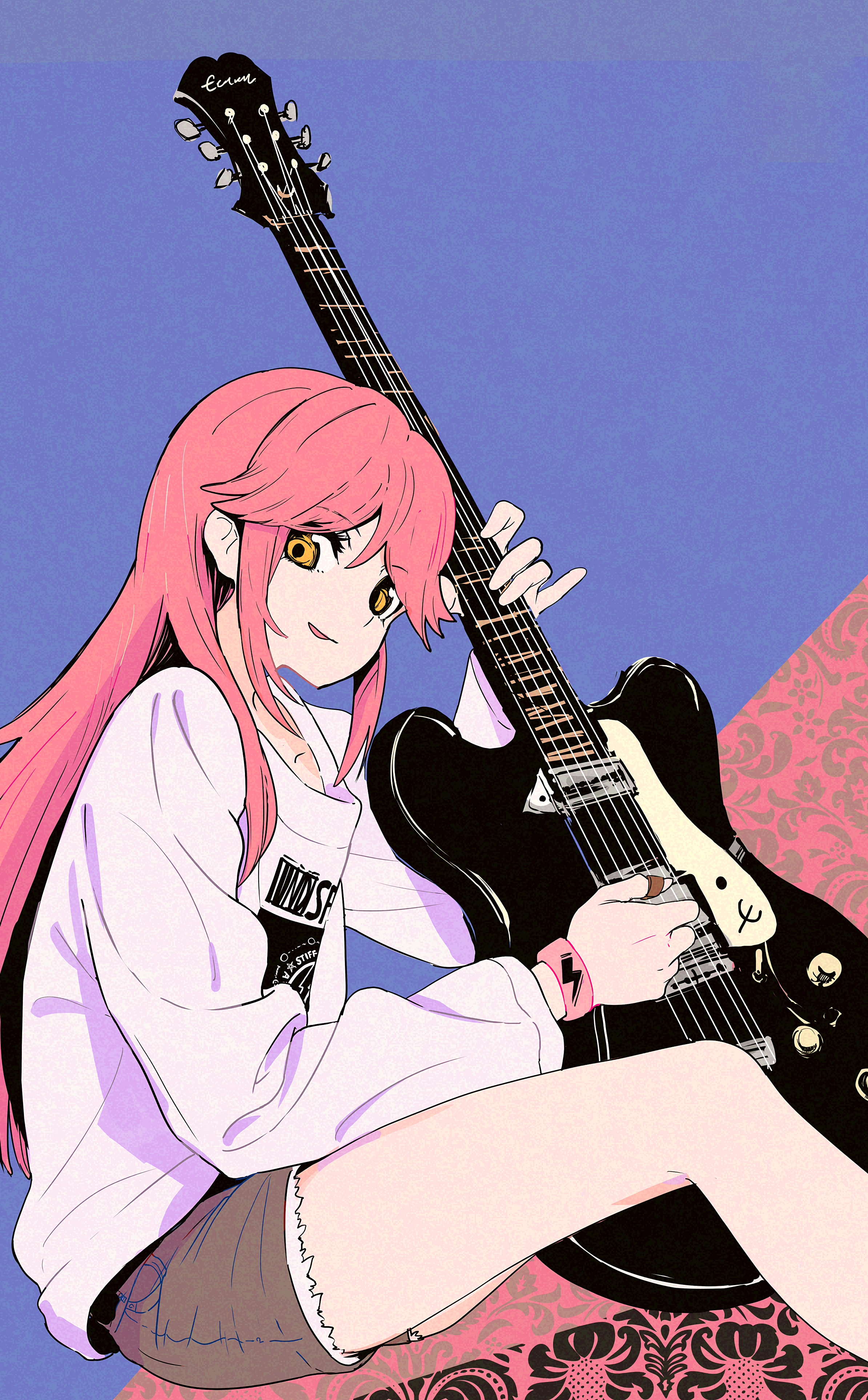 Anime 2388x3852 Cogecha anime anime girls portrait display guitar musical instrument looking at viewer long hair bracelets simple background legs