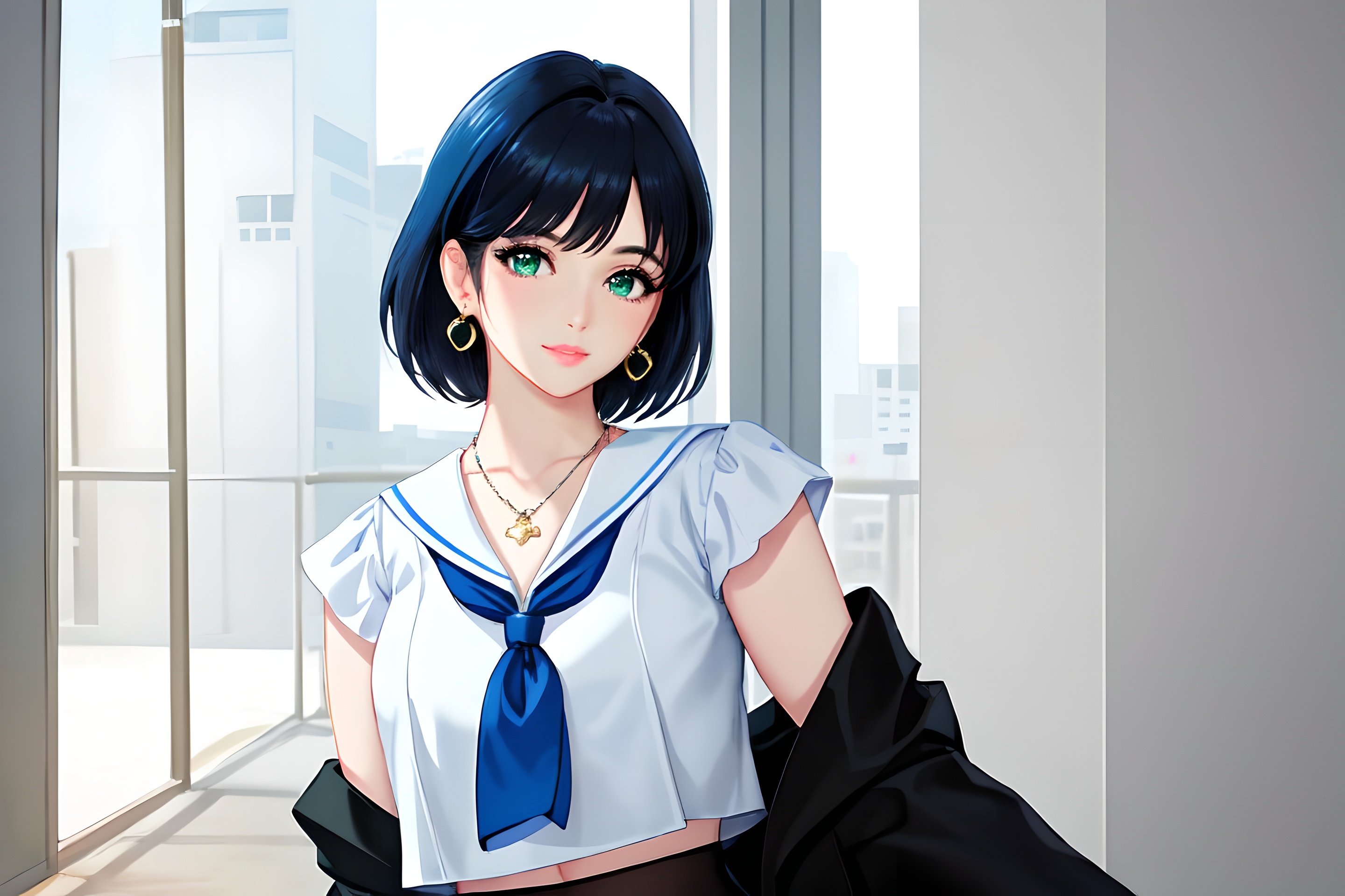 Anime 2880x1920 AI art anime girls brunette character design  blue eyes looking at viewer earring necklace short hair schoolgirl school uniform