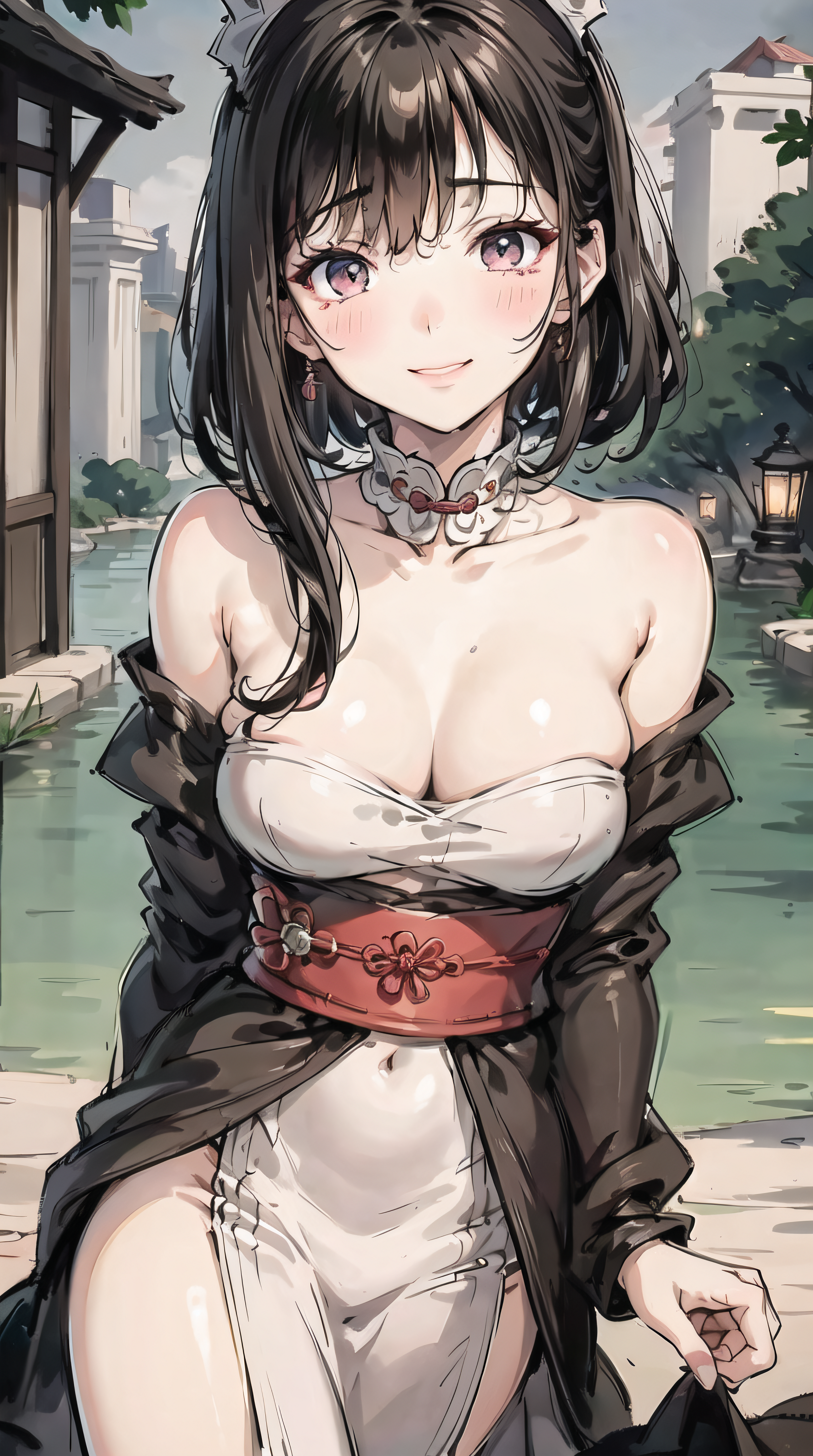 Anime 1787x3200 AI art ink wash paintings anime girls black hair hair ornament Chinese dress portrait display looking at viewer cleavage water big boobs smiling blushing choker