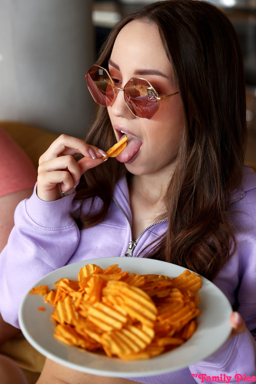People 853x1280 Kate Quinn women brunette My Family Pies blouses sunglasses portrait display chips eating plates jacket tongue out open mouth watermarked