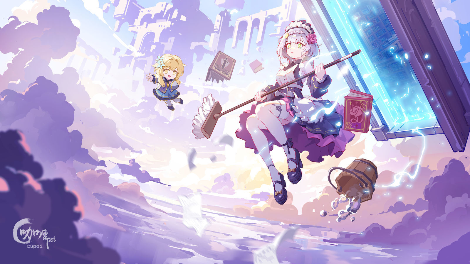 Anime 1600x900 illustration Genshin Impact Noelle (Genshin Impact) anime girls broom Lumine (Genshin Impact) maid maid outfit water clouds looking at viewer stockings flower in hair