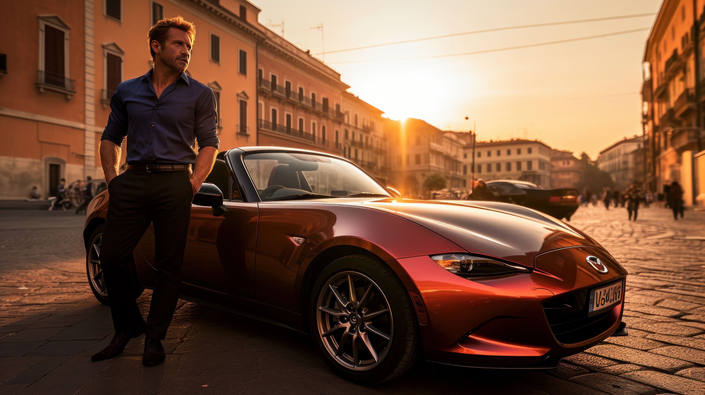 General 2912x1632 AI art Mazda men cobblestone golden hour Rome sports car sunset sunset glow hands in pockets looking away licence plates building architecture Mazda MX-5