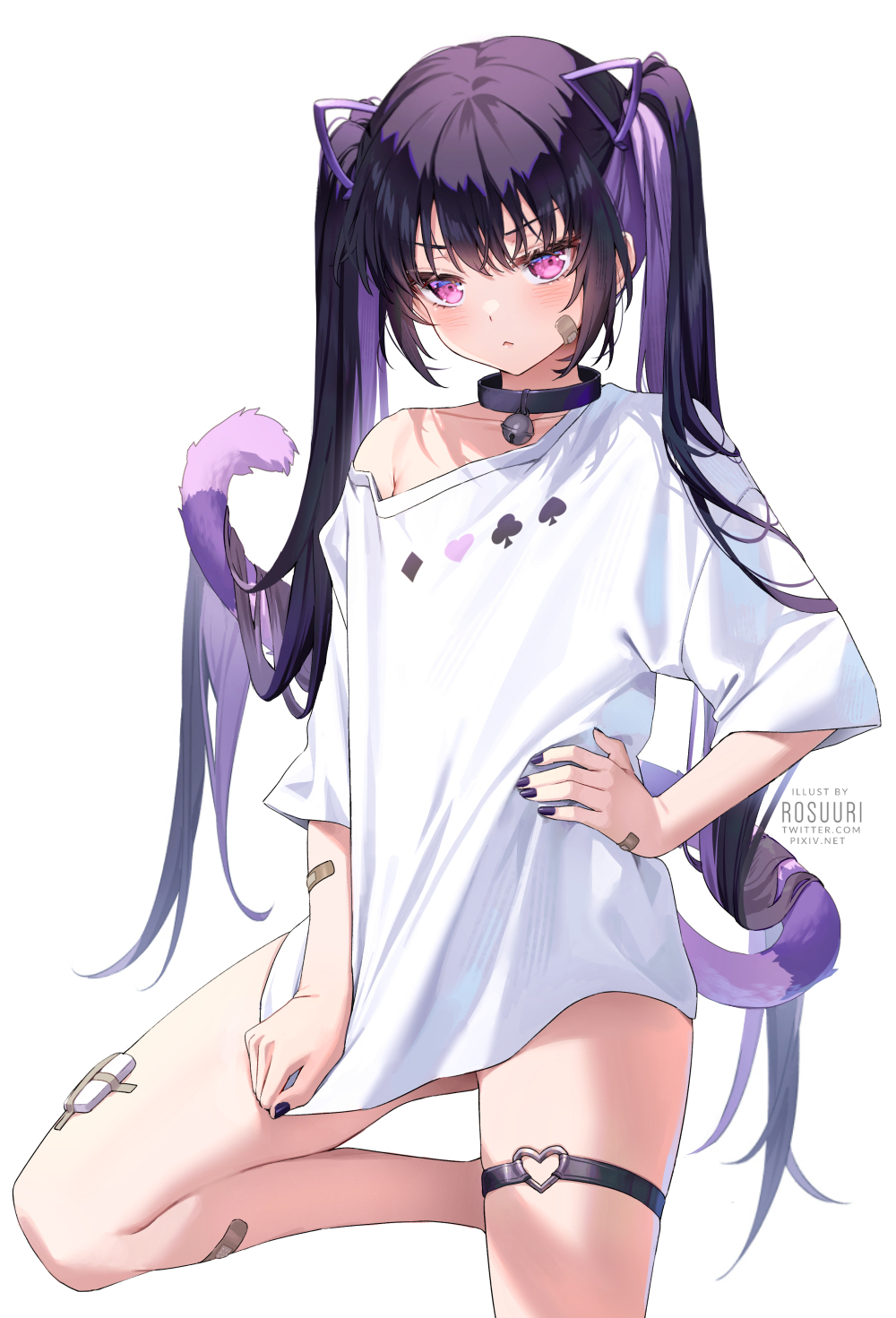 Anime 1000x1471 original characters cat girl portrait display anime girls twintails collar cat ears cat tail Band-Aid looking at viewer bandages long hair white background simple background minimalism no bra white shirt