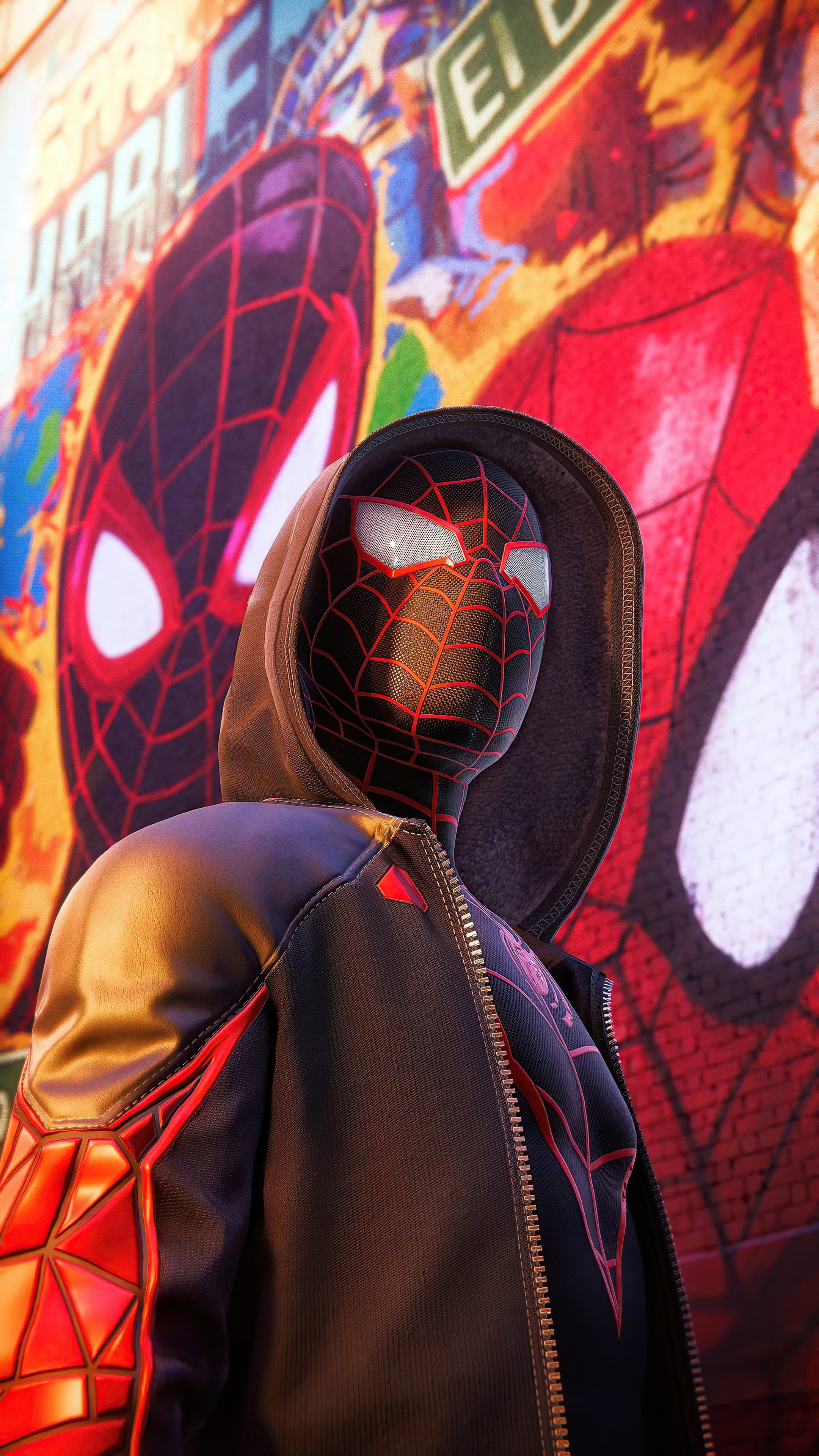 General 2160x3840 Spider-Man black leather jacket graffiti portrait display bodysuit superhero hoods digital art