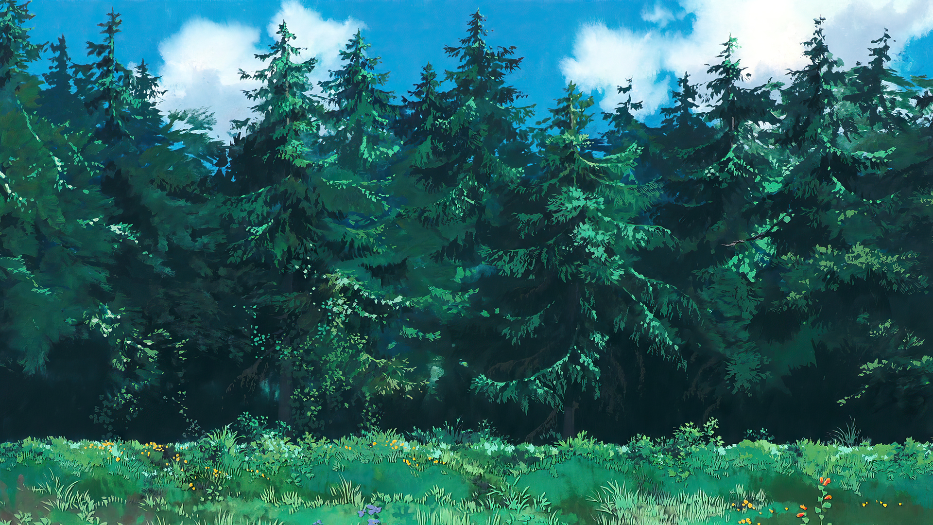 Anime 1920x1080 Kiki's Delivery Service animated movies anime animation film stills Studio Ghibli Hayao Miyazaki forest trees grass sky clouds flowers
