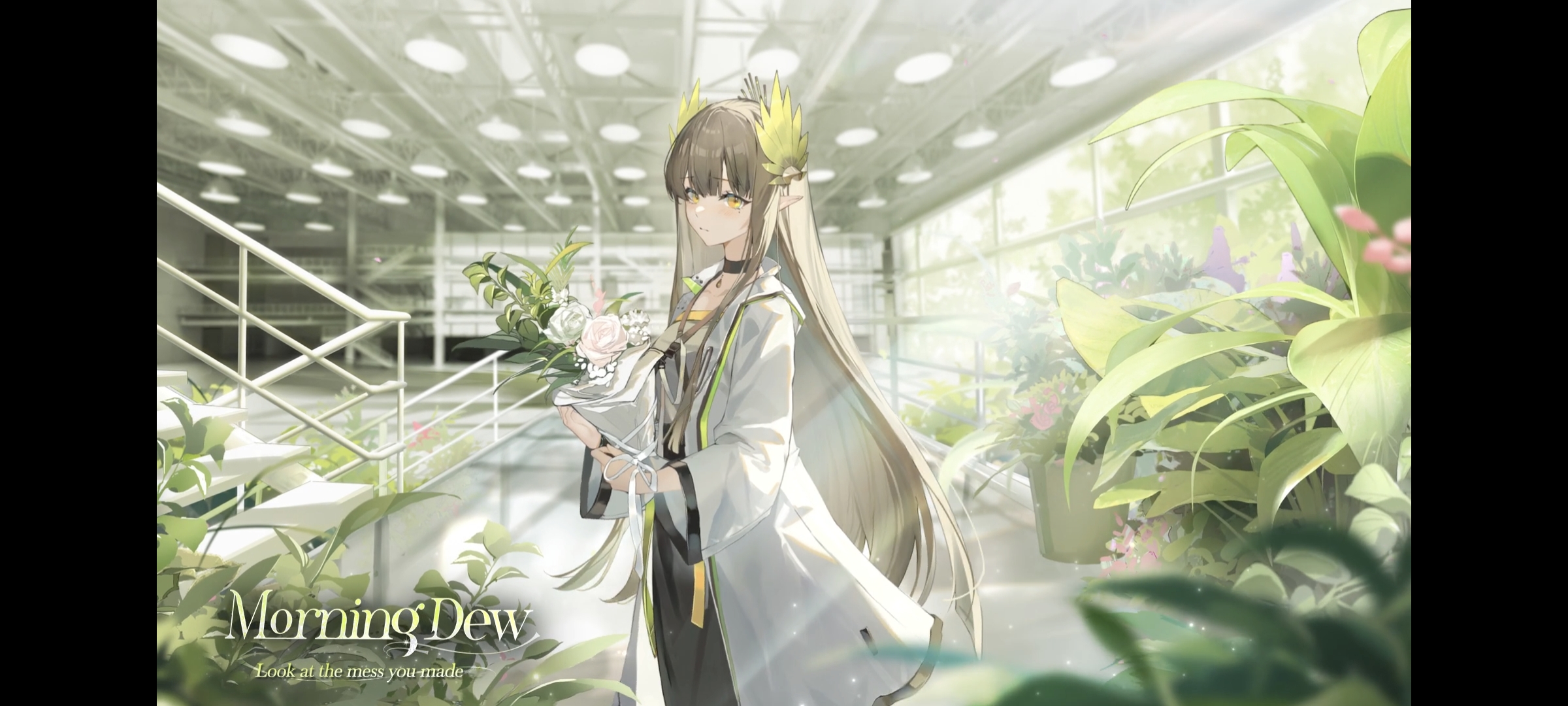 Anime 2400x1080 Arknights anime girls long hair leaves flowers sunlight choker pointy ears looking at viewer moles mole under eye