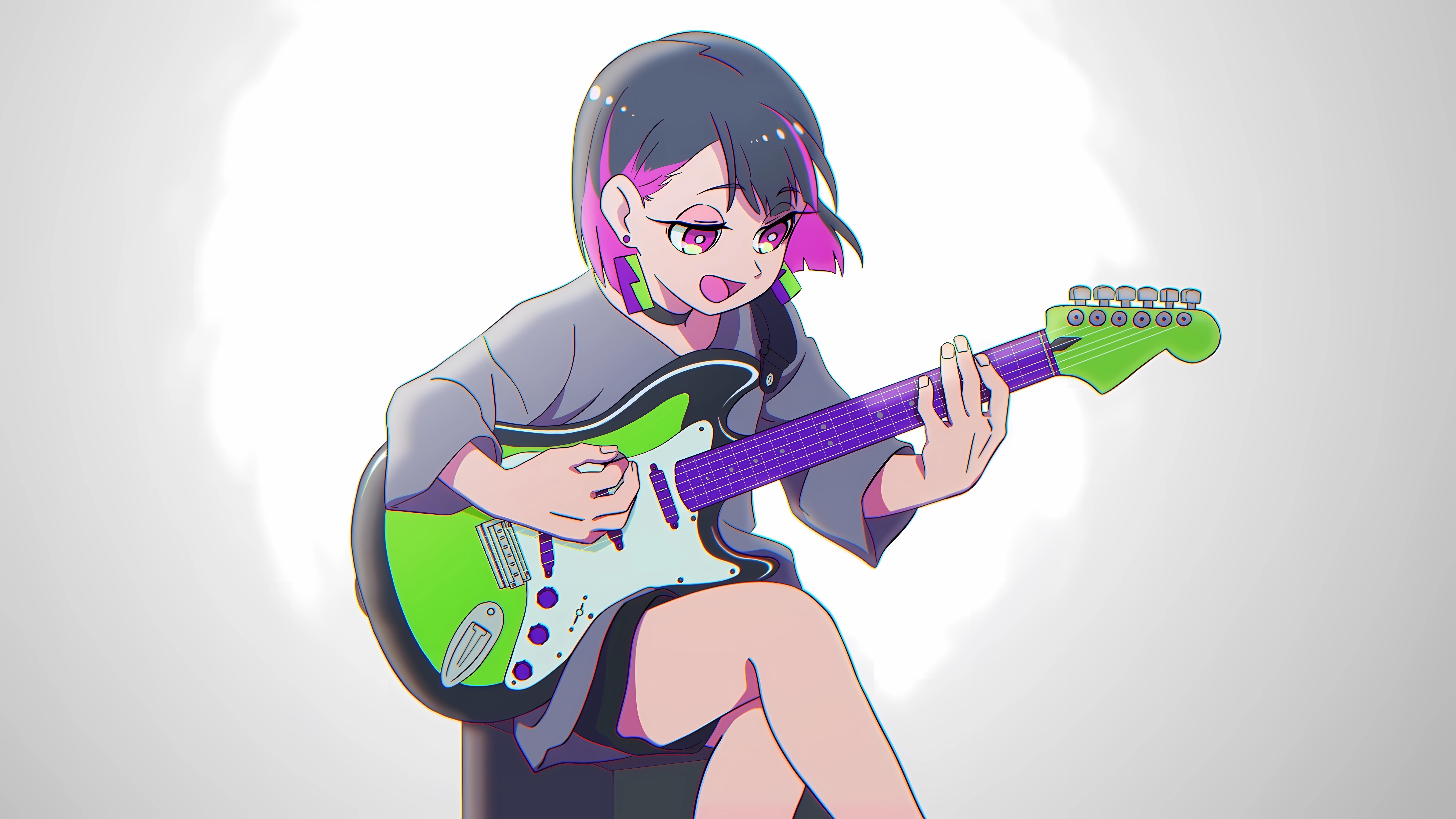 Anime 7680x4320 anime girls musician legs crossed minimalism two tone hair guitar musical instrument simple background sitting earring choker