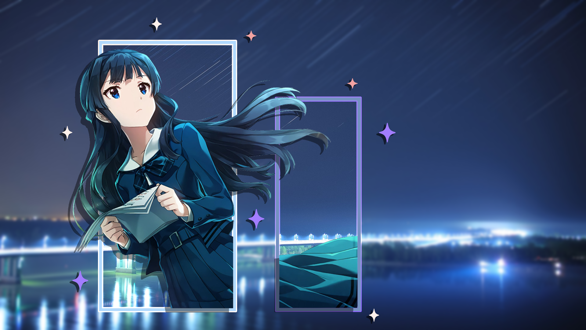 Anime 1920x1080 picture-in-picture anime girls urban night city THE iDOLM@STER stars schoolgirl school uniform looking away bridge water minimalism simple background