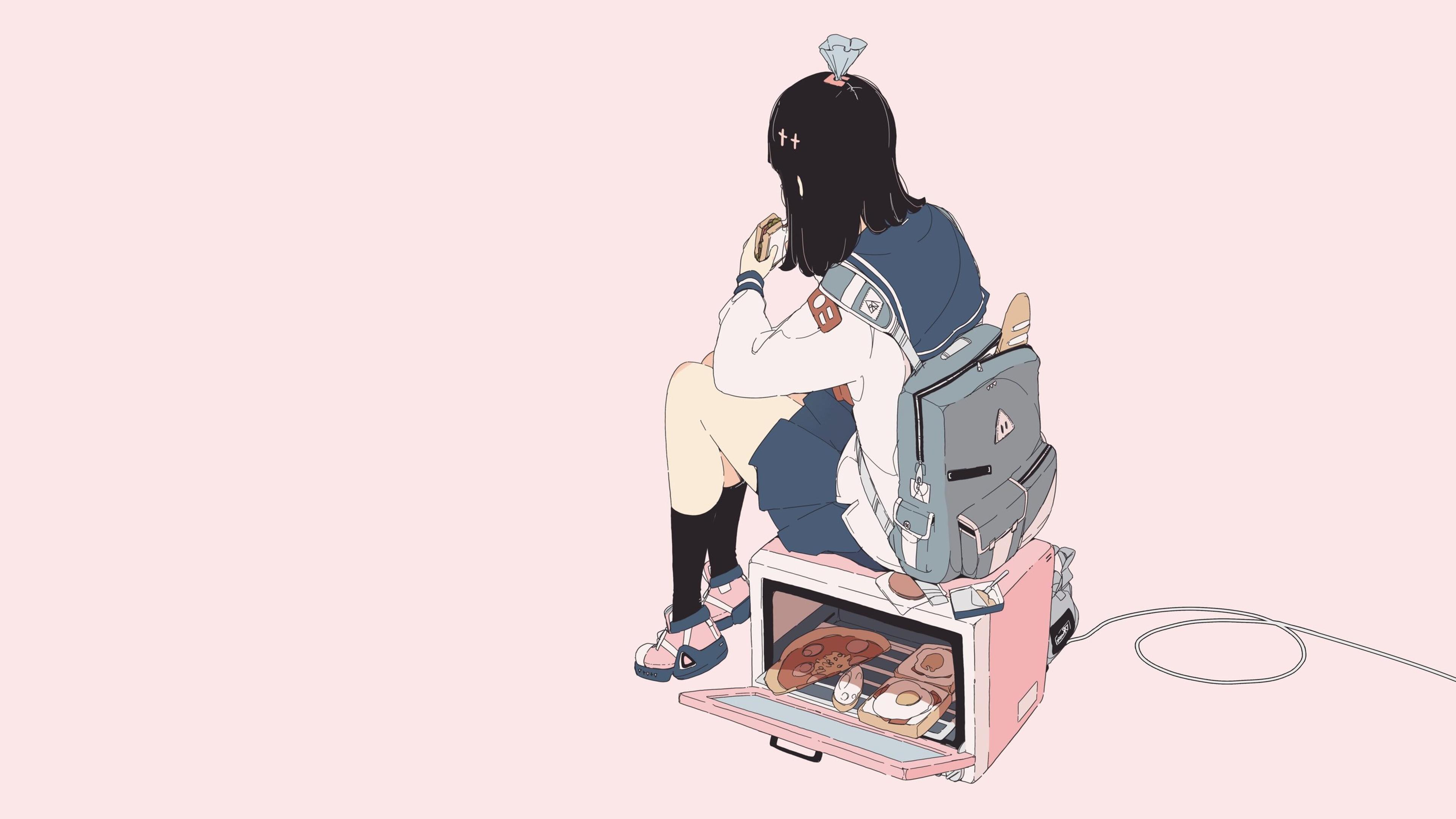 Anime 3840x2160 daisukerichard anime girls original characters minimalism backpacks sitting simple background