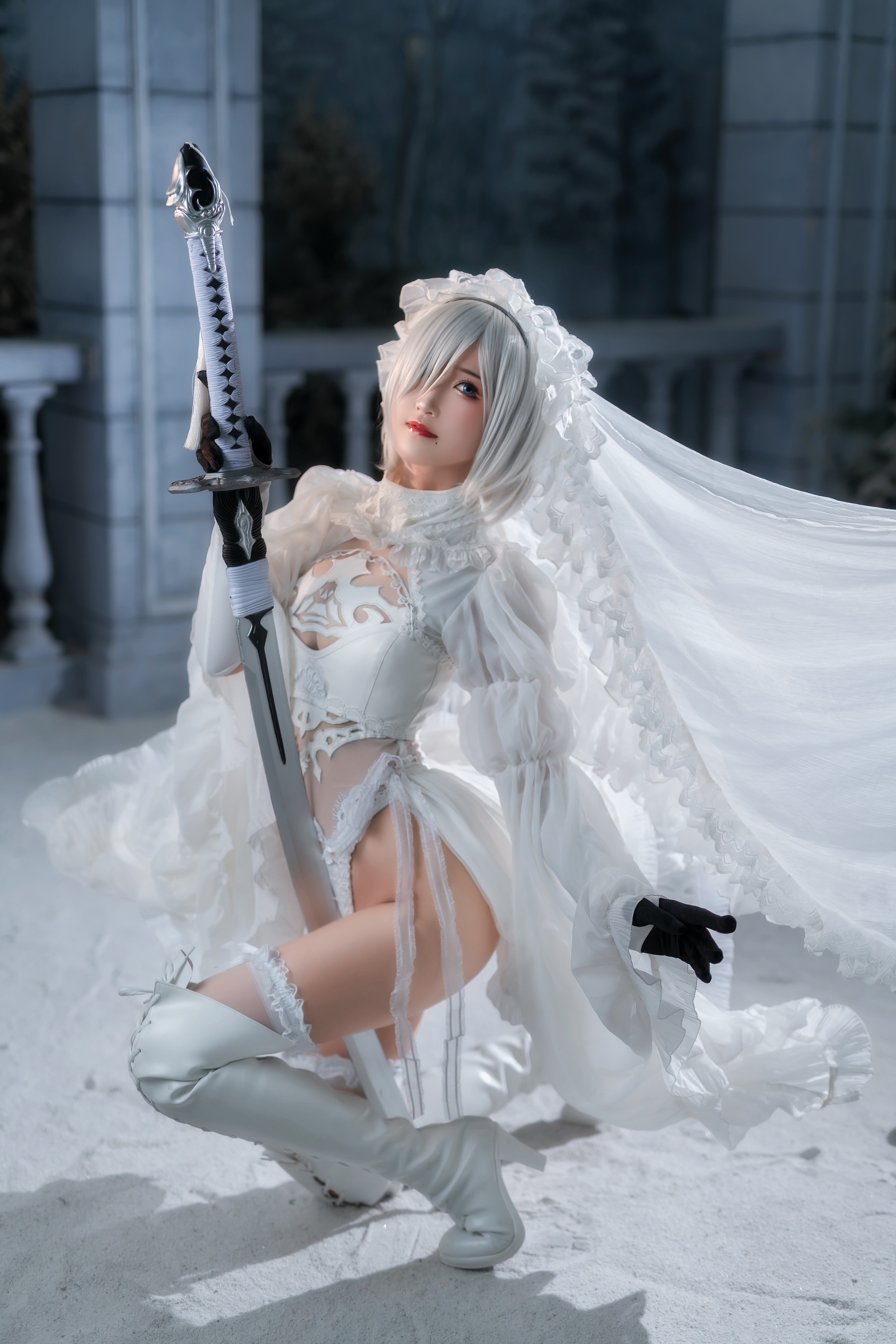 People 3713x5567 women model Asian cosplay Nier: Automata 2B (Nier: Automata) brides indoors katana looking at viewer women indoors veils stockings white stockings bodysuit lingerie thigh high boots kneeling Sandu 69 gloves hips anime girls anime red lipstick see-through clothing