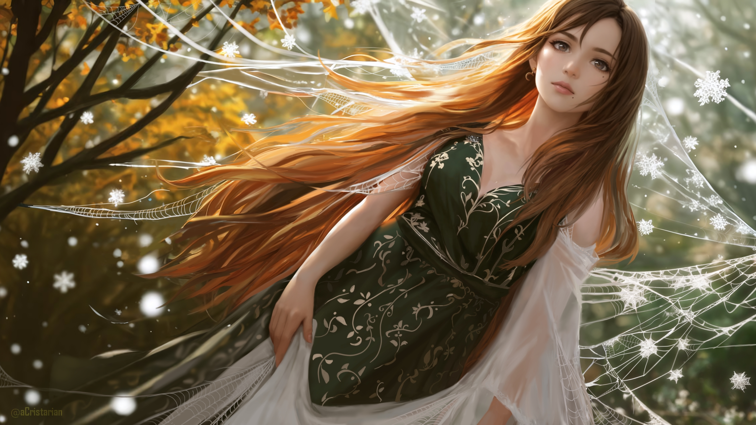 Anime 2560x1440 green spiderwebs long hair brunette trees green dress moles Ice crystals women outdoors artwork fantasy girl