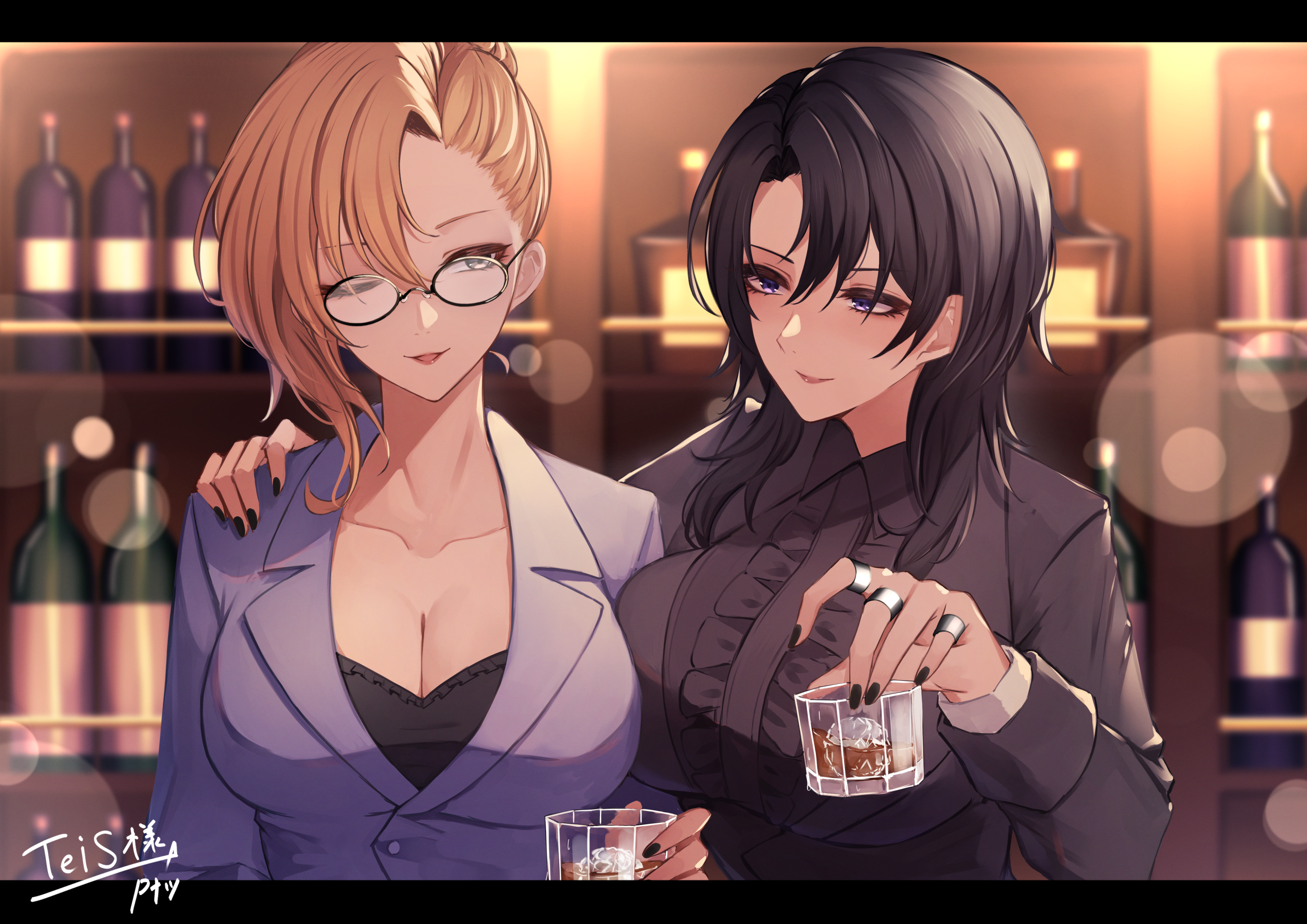 Anime 2924x2067 anime girls anime glasses alcohol two women bar