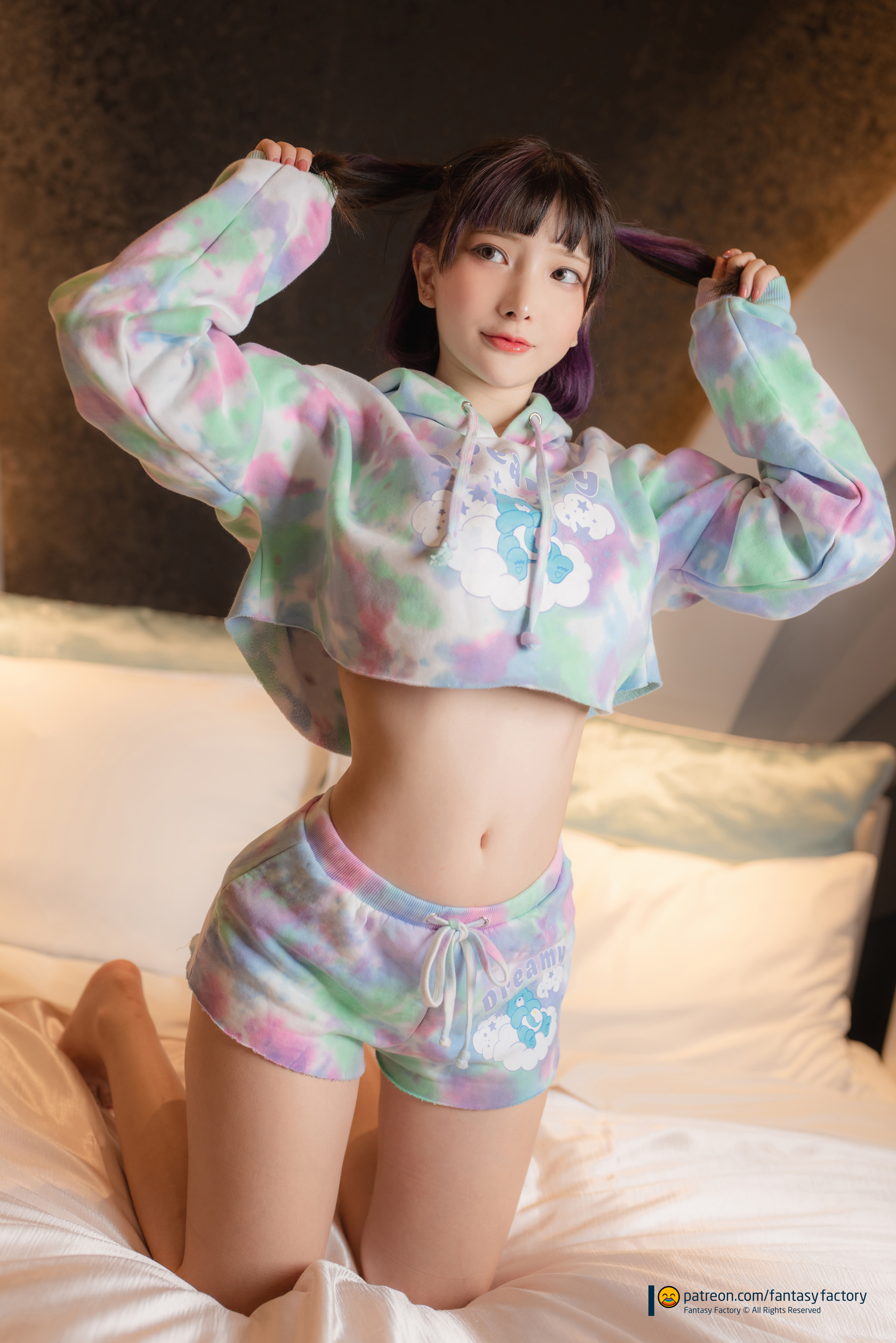 People 3932x5897 women model Asian women indoors cosplay pyjamas short shorts belly kneeling twintails pastel Fantasy Factory