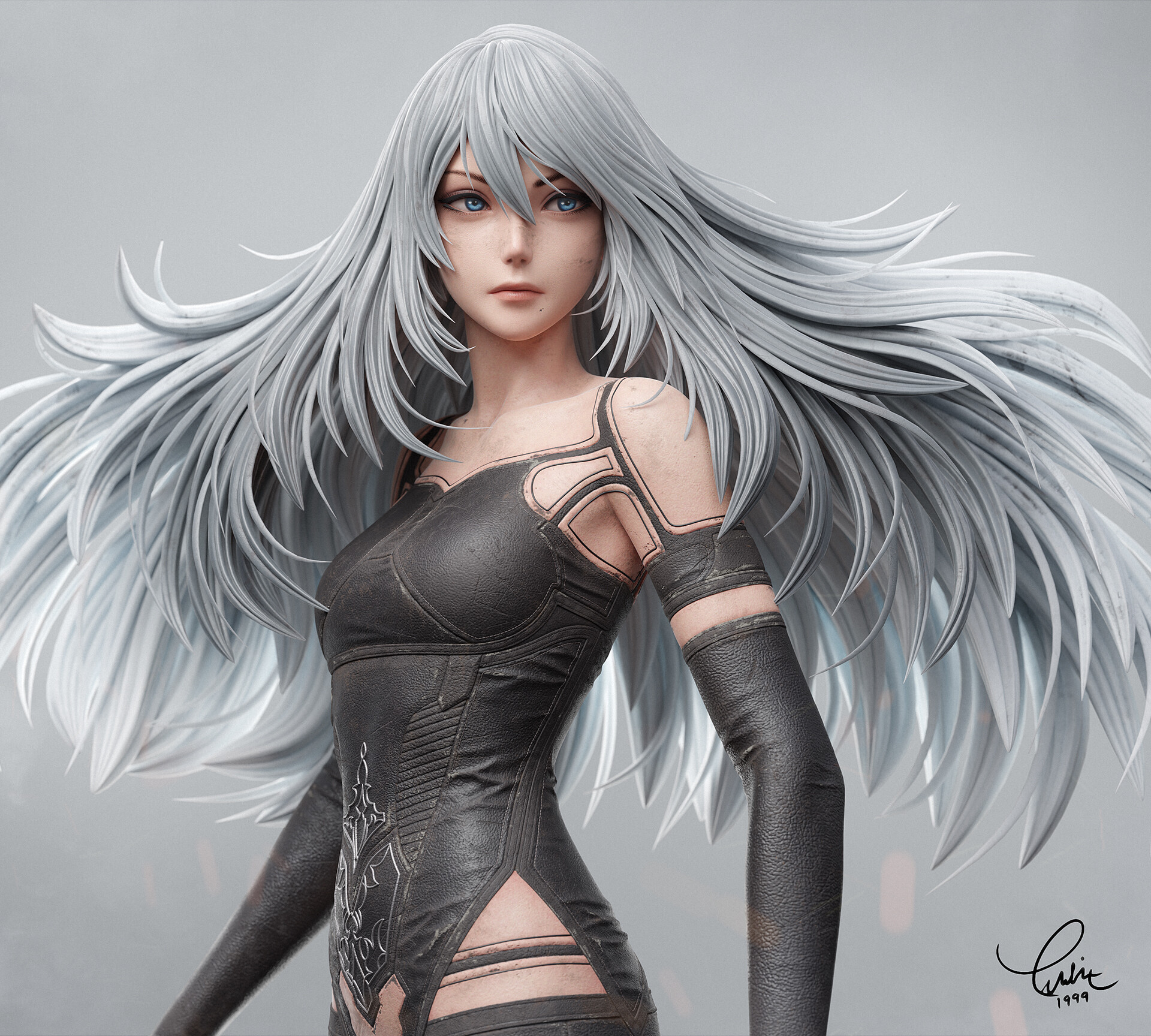 General 1920x1728 Yuditya Afandi CGI women blue eyes Nier: Automata A2 (Nier: Automata) silver hair androids simple background eyeliner video games video game characters video game girls