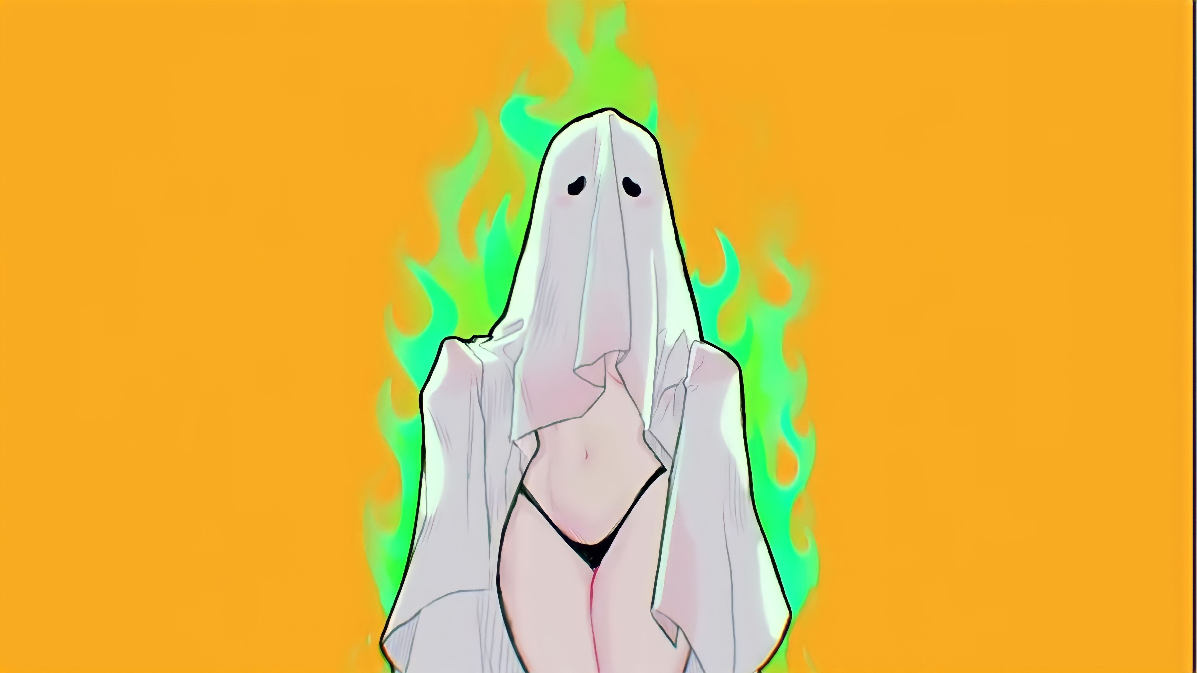 General 4096x2304 ghost girl Halloween pants ghost pale minimalism thong belly orange background simple background