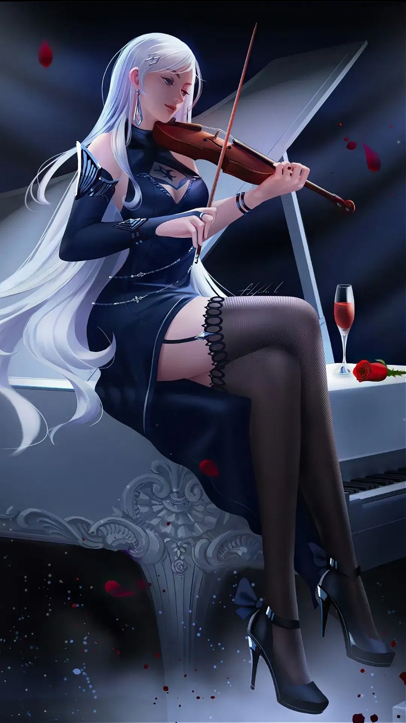 Anime 800x1425 violin anime girls white hair piano wine musical instrument petals stockings garter belt legs crossed heels