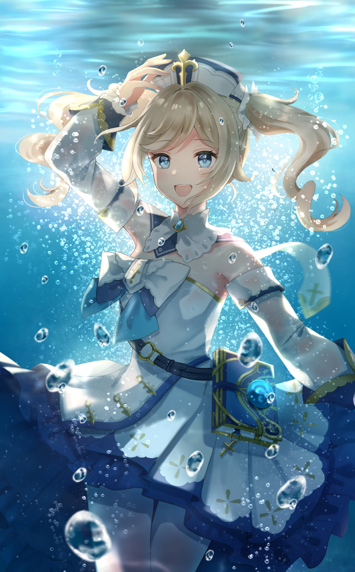 Anime 1494x2403 anime Genshin Impact in water underwater water twintails Barbara (Genshin Impact) blonde blue eyes bubbles