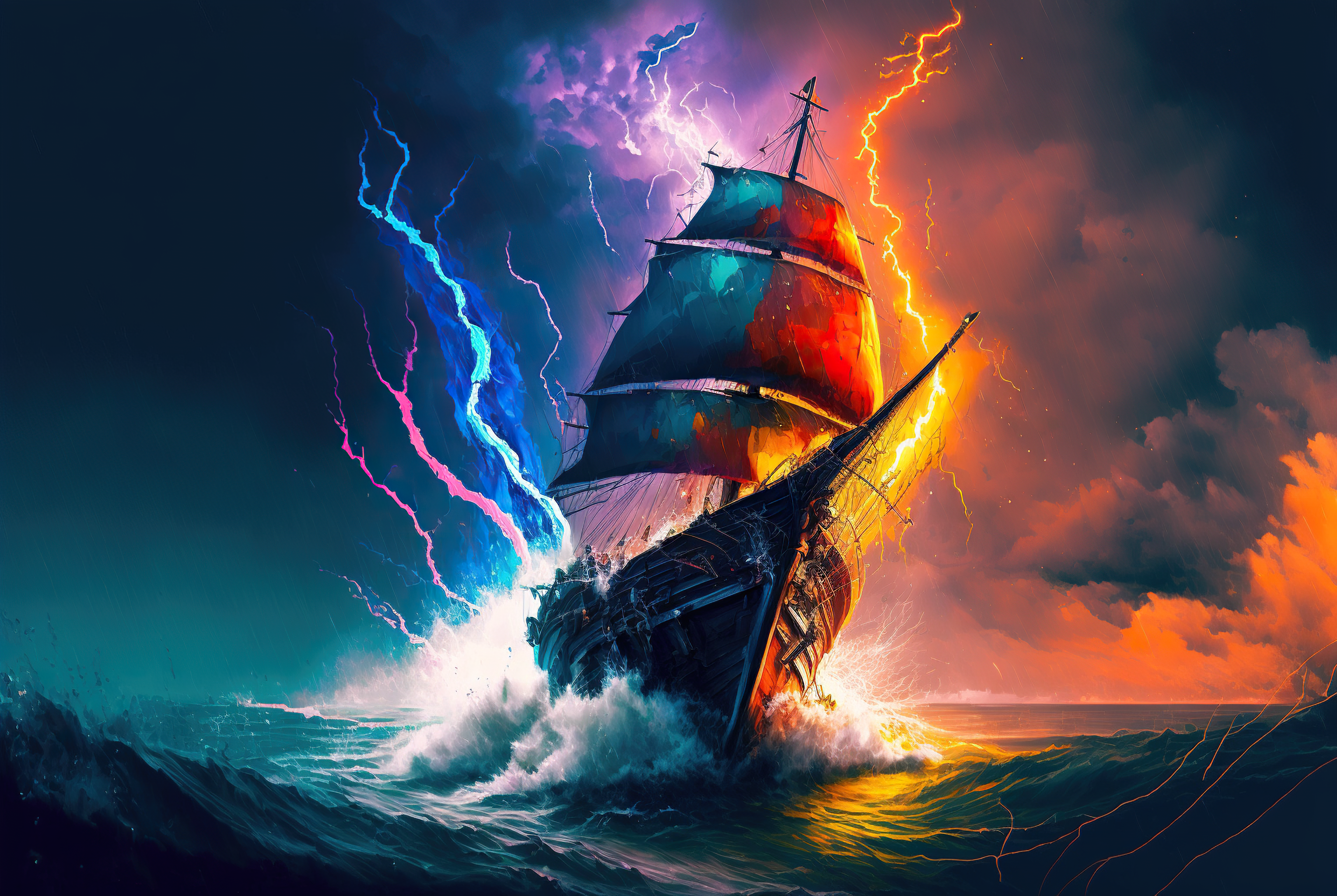 General 3056x2048 Midjourney ship ocean battle water lightning colorful AI art