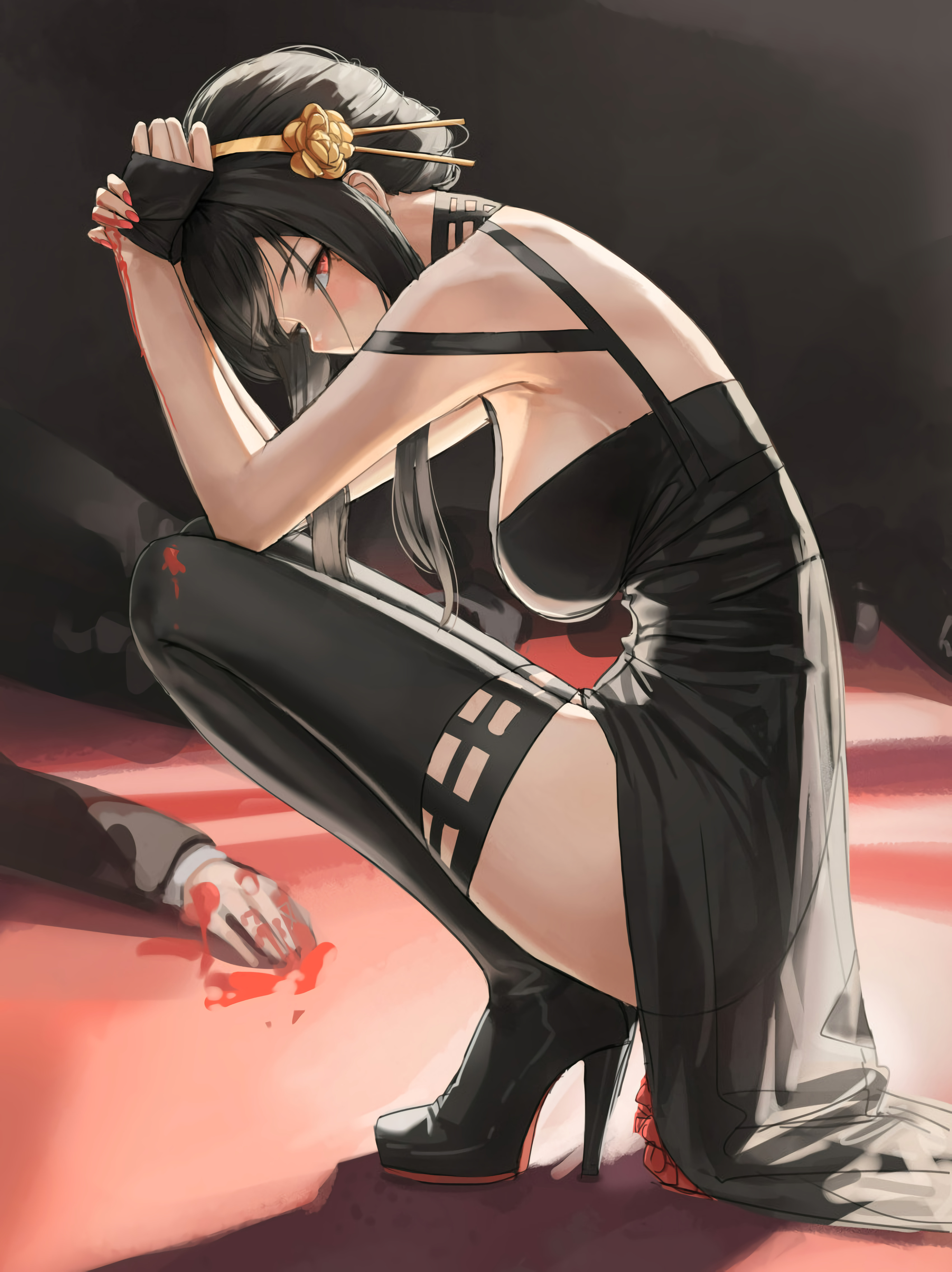 Anime 3400x4540 anime anime girls Yor Forger Spy x Family dress black dress squatting heels death blood looking at viewer profile