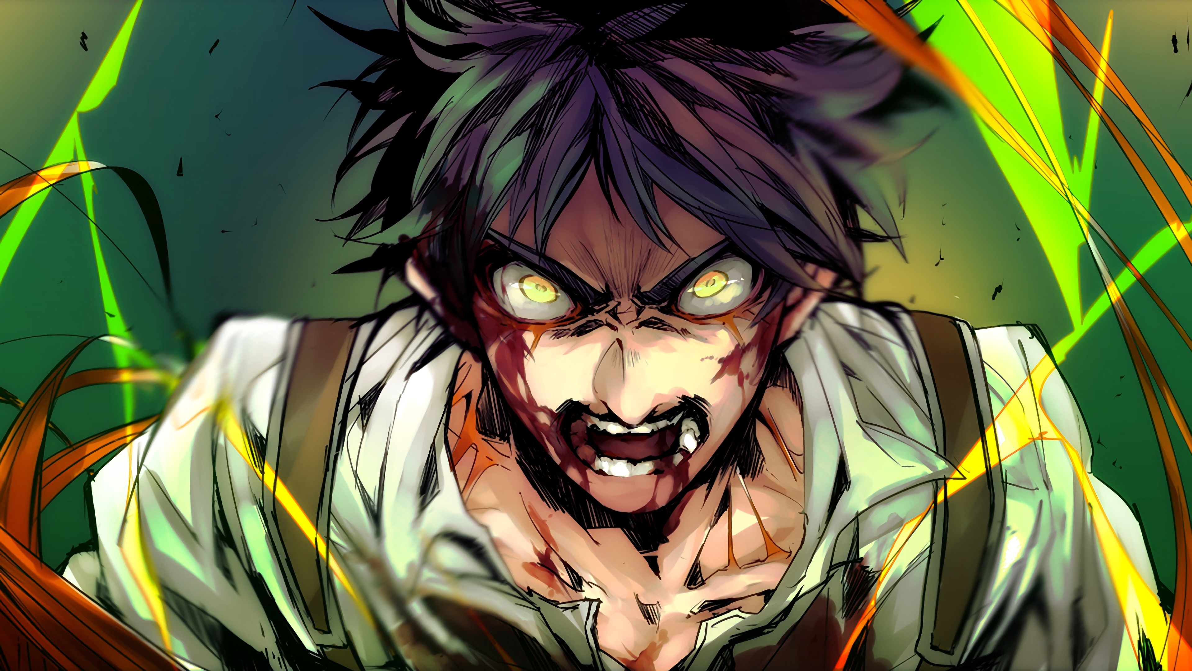 Anime 3840x2160 Shingeki no Kyojin Eren Jeager angry looking at viewer blood lightning anime boys yellow eyes