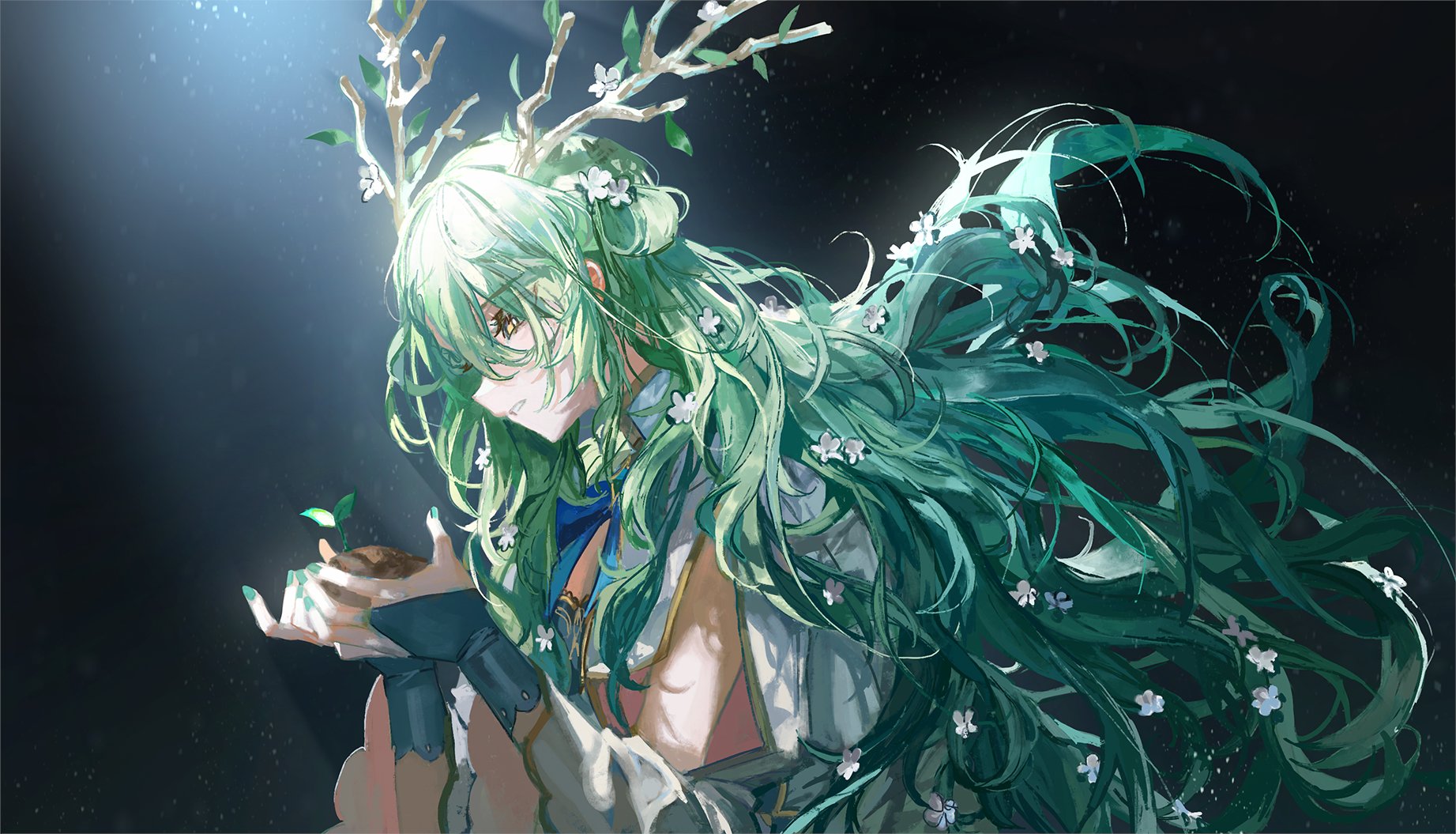 Anime 1843x1055 Hololive English Hololive anime girls Virtual Youtuber Ceres Fauna green hair antlers Mother flower in hair yellow eyes quasarcake
