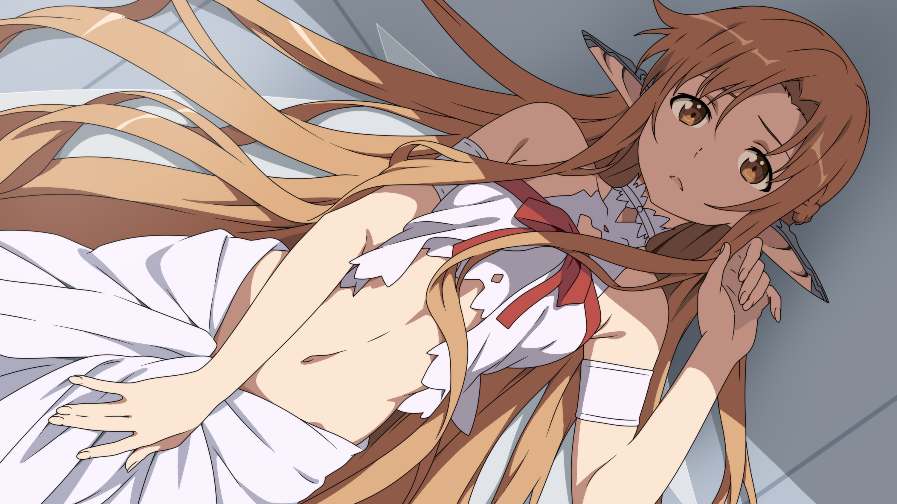 Anime 3000x1685 Sword Art Online artwork Yuuki Asuna (Sword Art Online) anime anime girls brunette long hair brown eyes pointy ears elf girl white dress belly belly button in bed lying on back