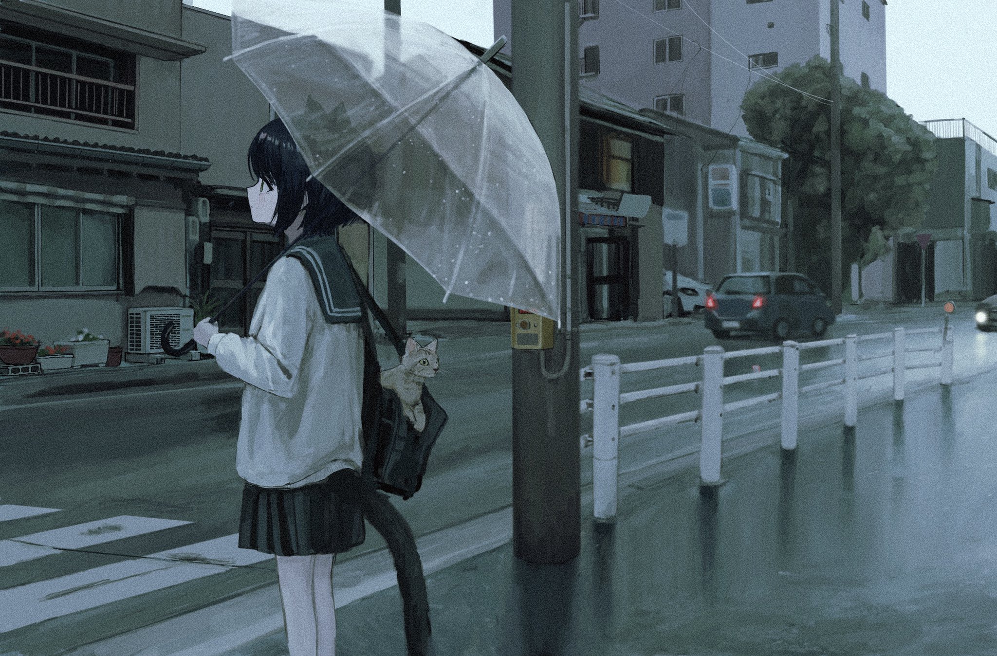 Anime 2048x1348 rain Japan traffic crossing cat girl melancholic sailor uniform cats anime girls cat ears cat tail car street road schoolgirl