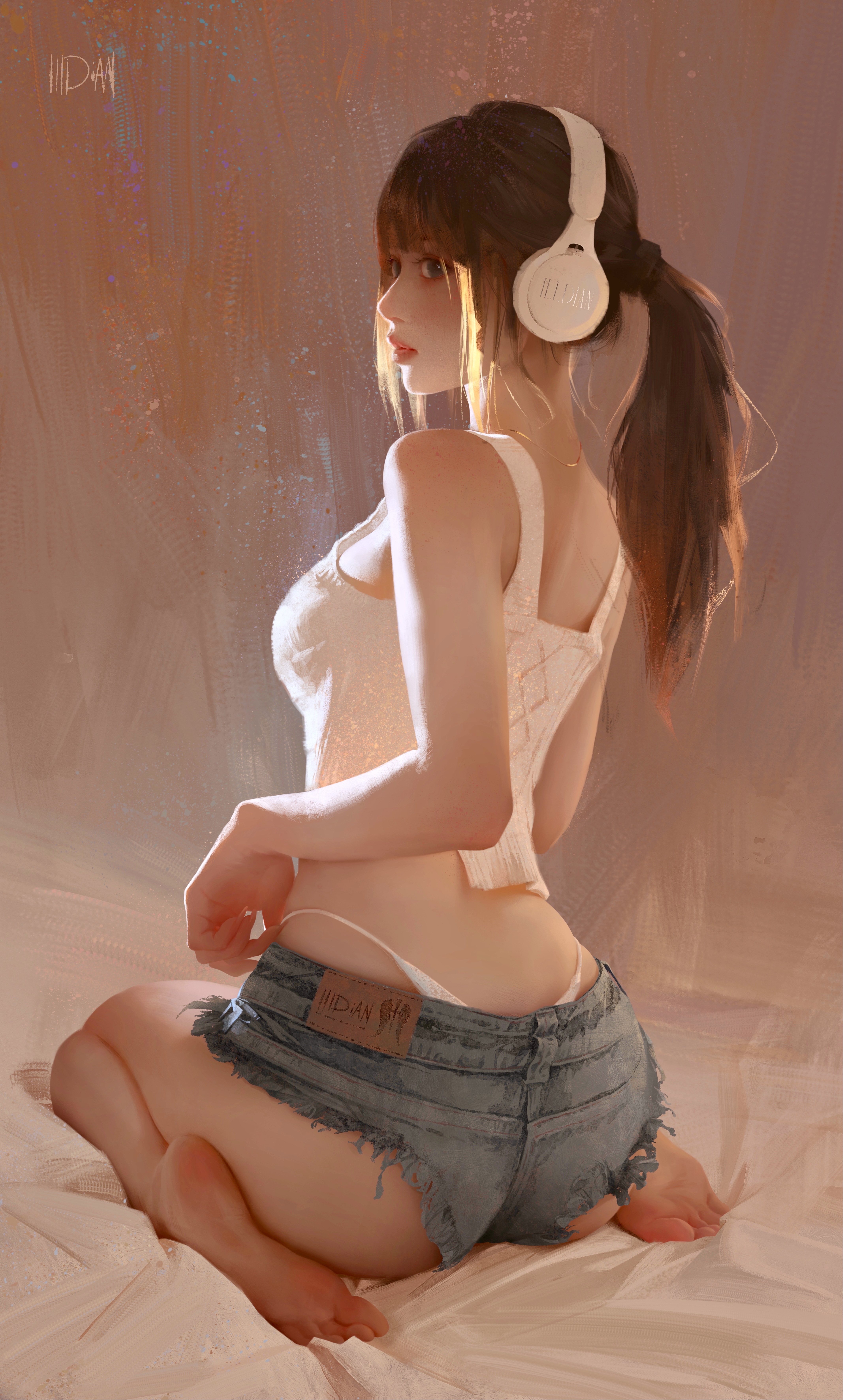 General 4269x7087 women brunette ass ILLDIAN thighs ponytail back jean shorts tight shorts feet toes headphones white tops top kneeling short shorts