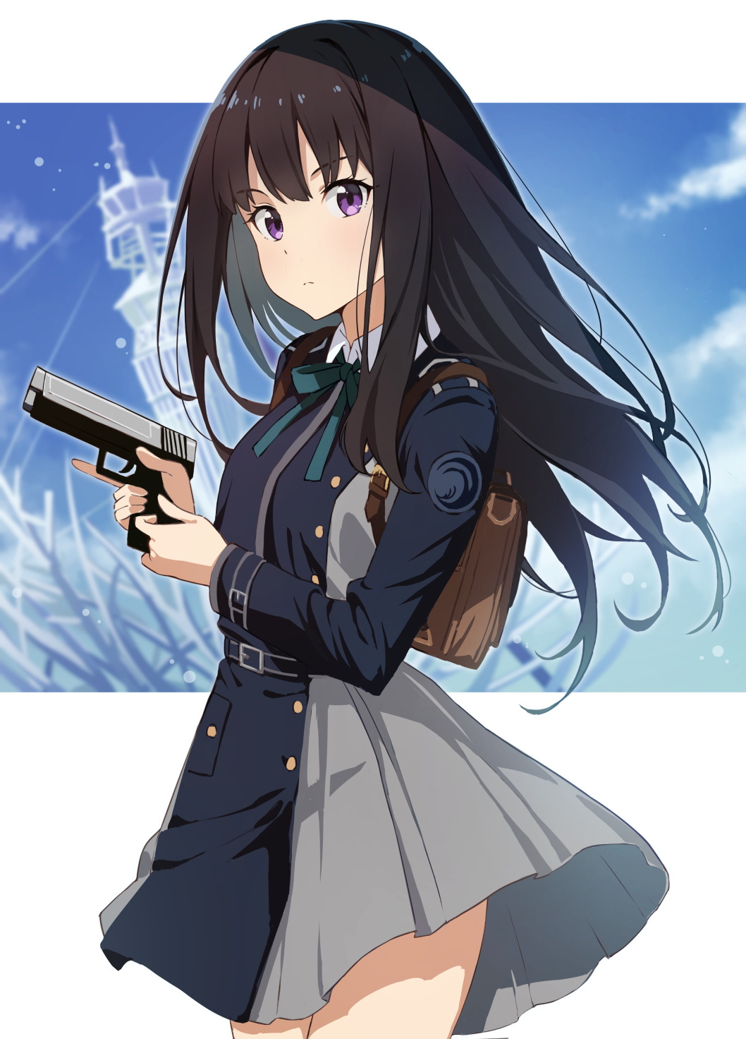 Anime 1058x1472 anime anime girls Lycoris Recoil Inoue Takina long hair black hair solo artwork digital art fan art gun girls with guns