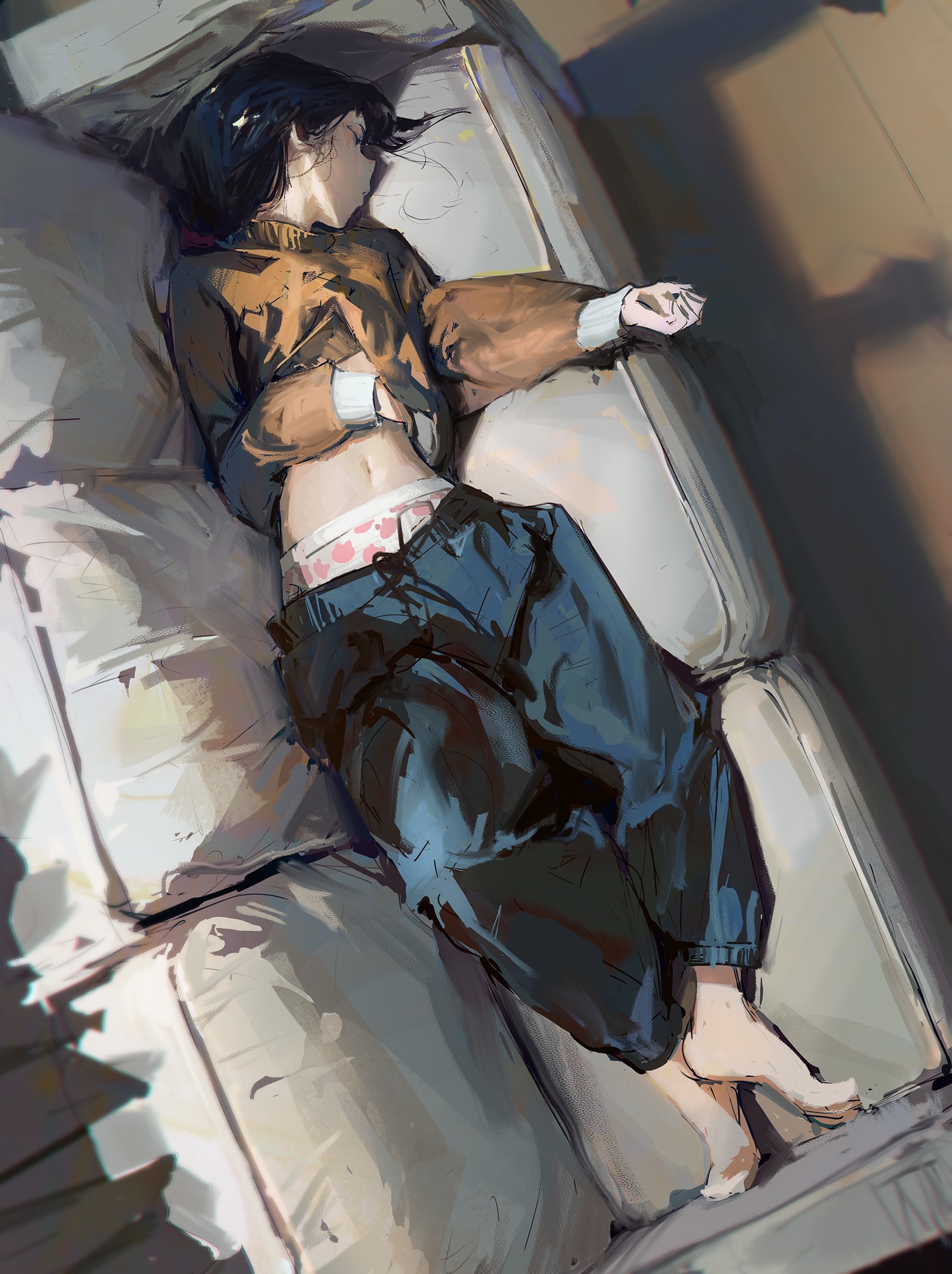 Anime 1500x2008 Art Fume (Artist) anime anime girls belly portrait display panties artwork couch sleeping