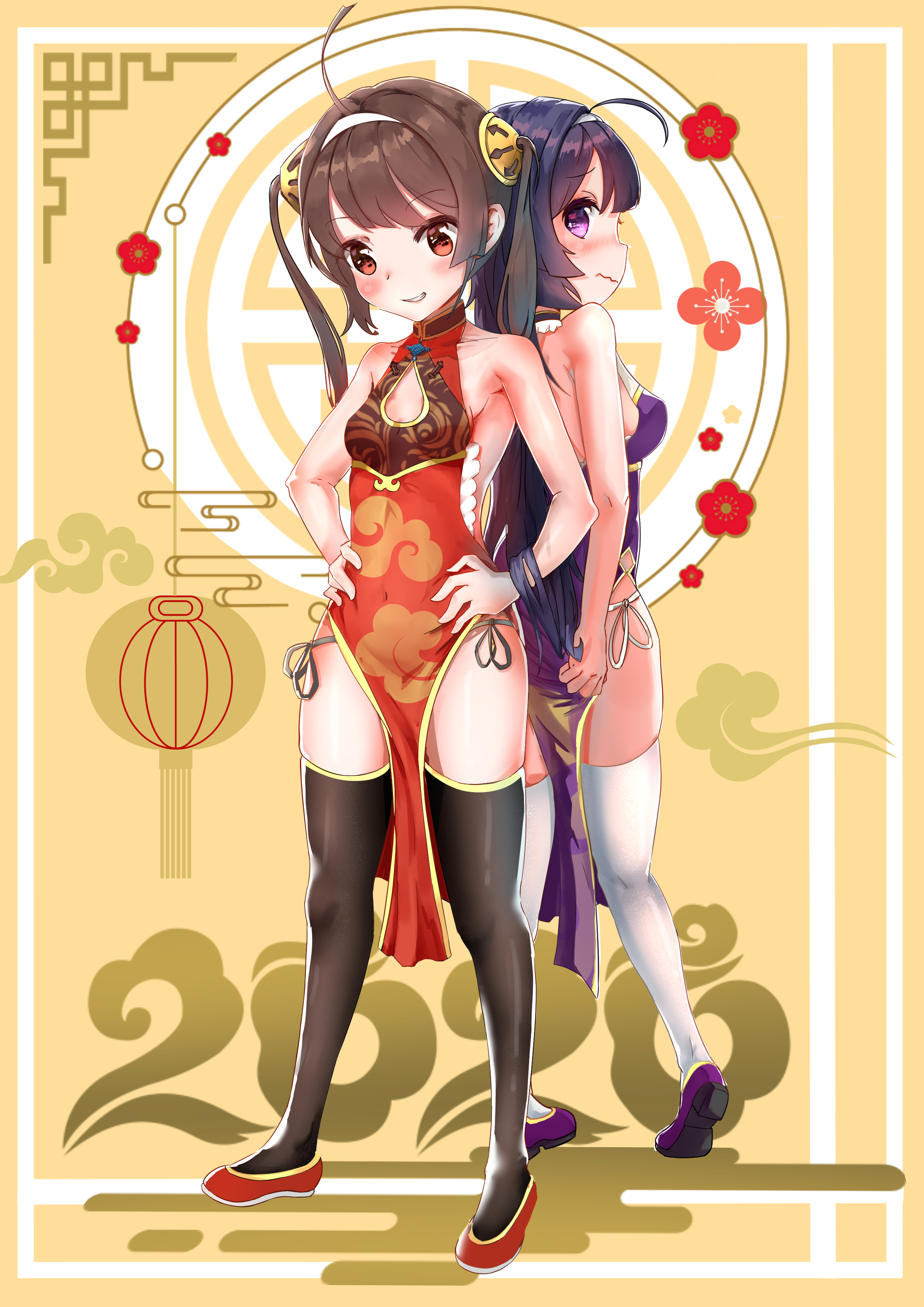 Anime 2480x3508 anime anime girls Azur Lane Ning Hai (Azur Lane) Ping Hai (Azur Lane) twintails long hair purple hair brunette twins two women artwork digital art fan art