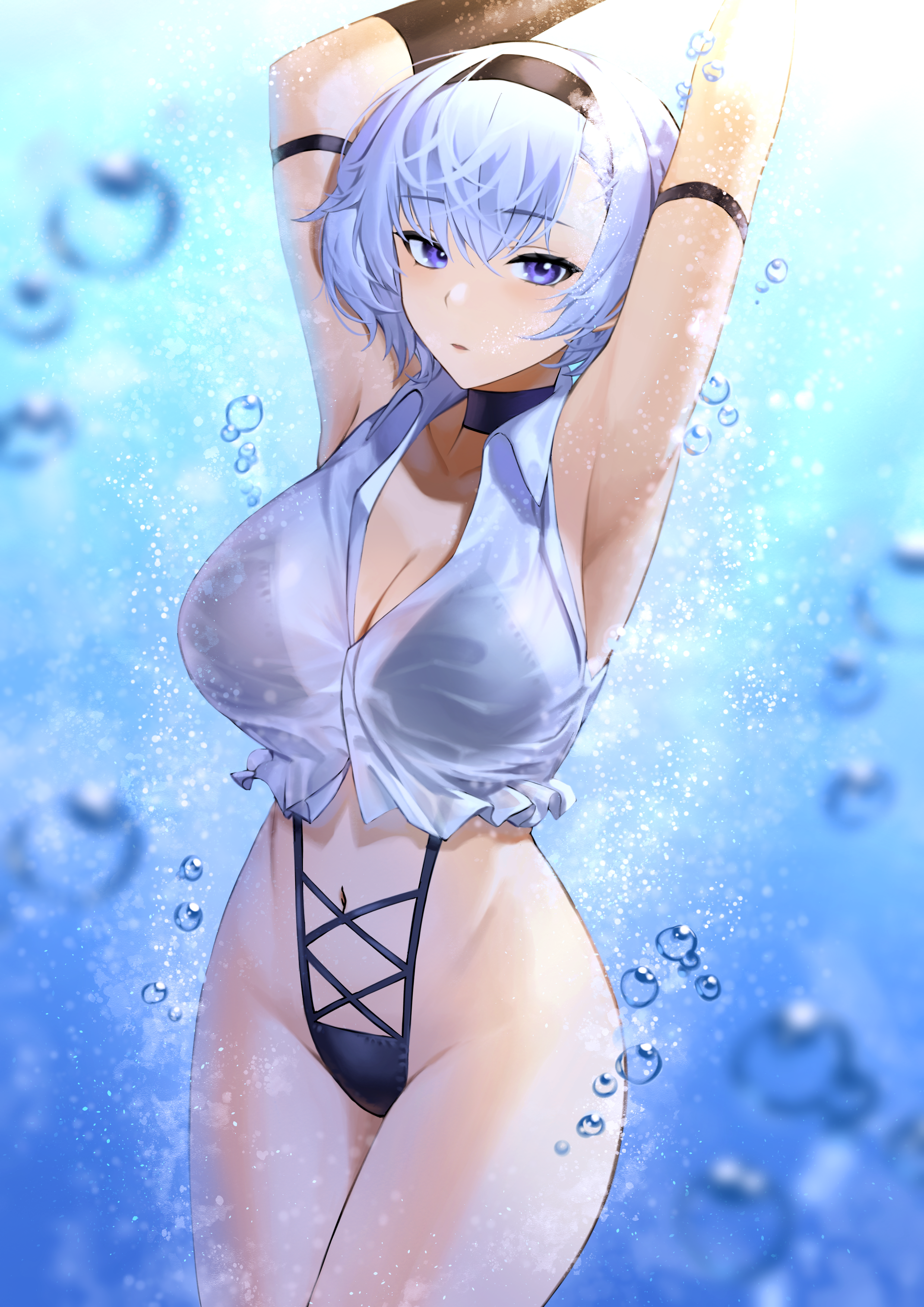 Anime 2480x3508 Azur Lane Reno (Azur Lane) anime girls water underwater swimwear blue hair bubbles blue eyes