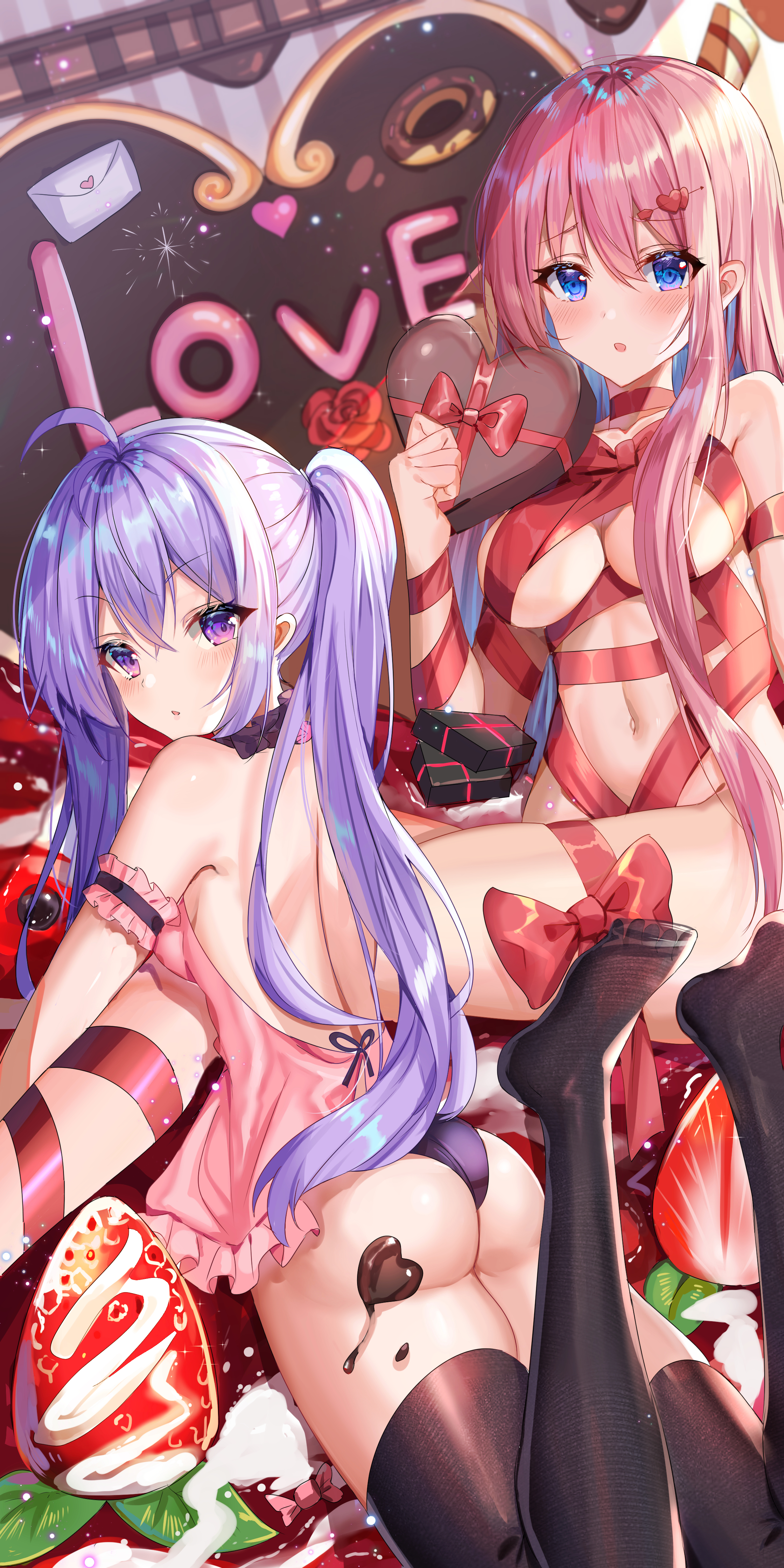 Anime 2240x4480 anime anime girls ass stockings big boobs strawberries wrapped ribbon red ribbon naked ribbon