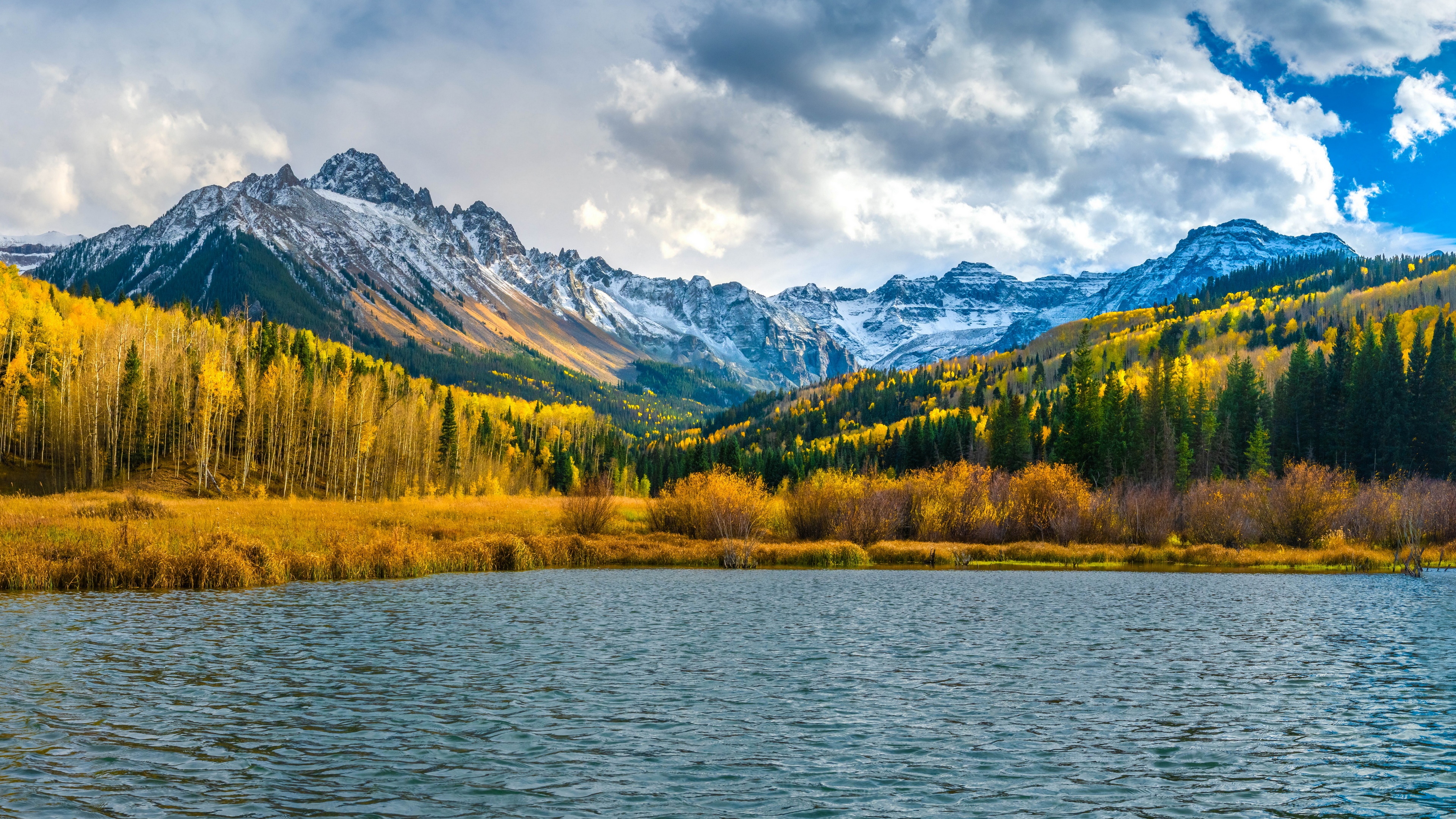 General 3840x2160 nature landscape mountains lake USA fall forest sky clouds water snow
