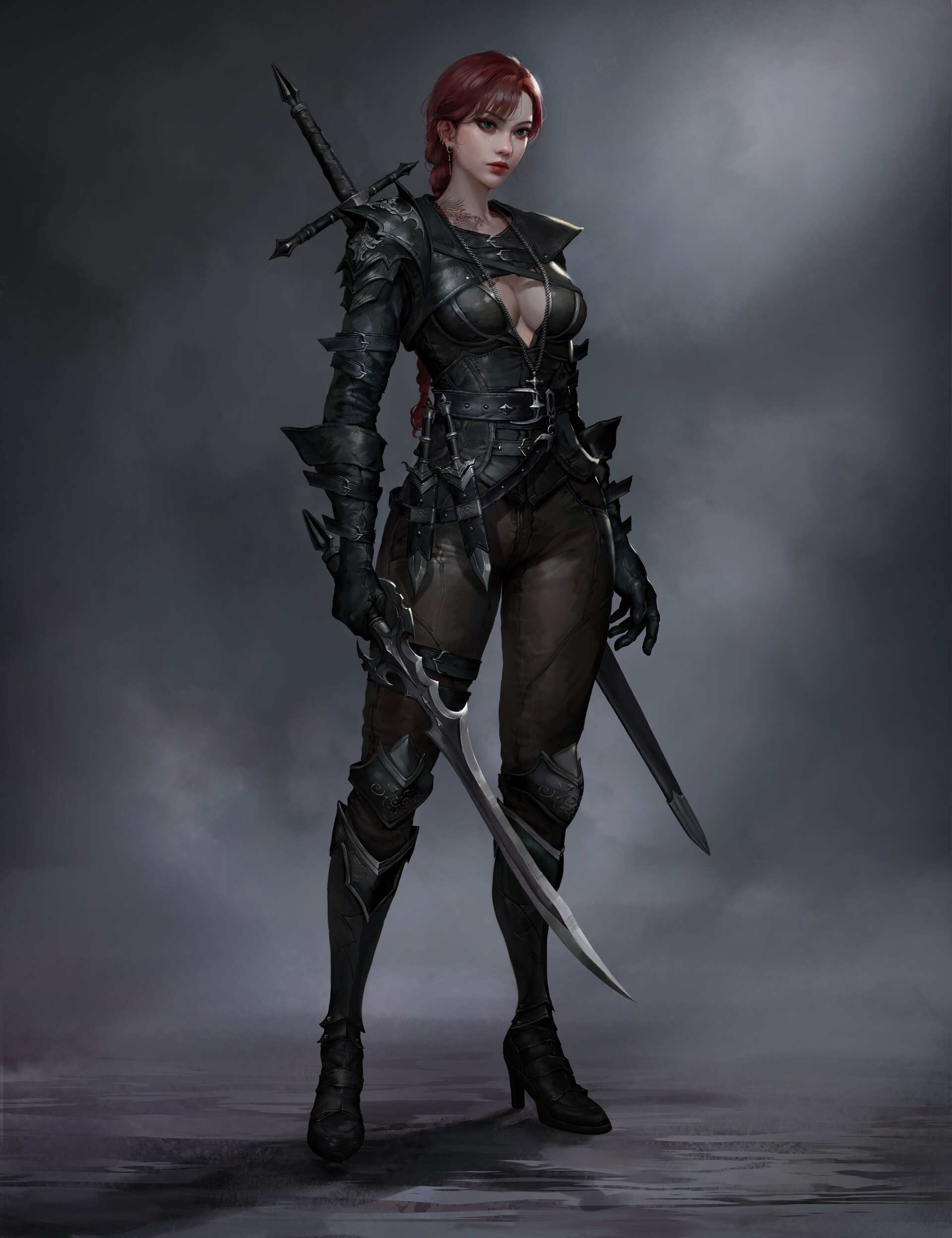 General 1920x2496 artwork women gray background standing fantasy girl assassins  fantasy art women with swords girls with guns redhead red lipstick boobs cleavage armor fantasy armor Yelli