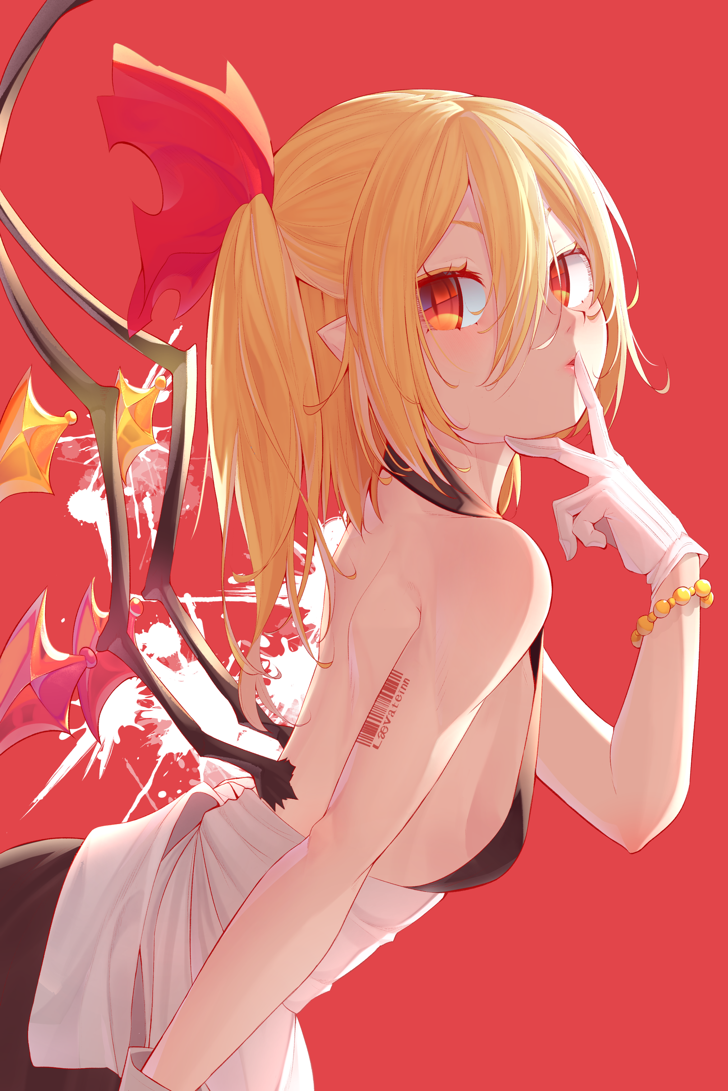 Anime 2342x3508 Touhou sideboob dress Flandre Scarlet red eyes blonde red background wings blushing gloves white gloves twintails bareback anime girls small boobs