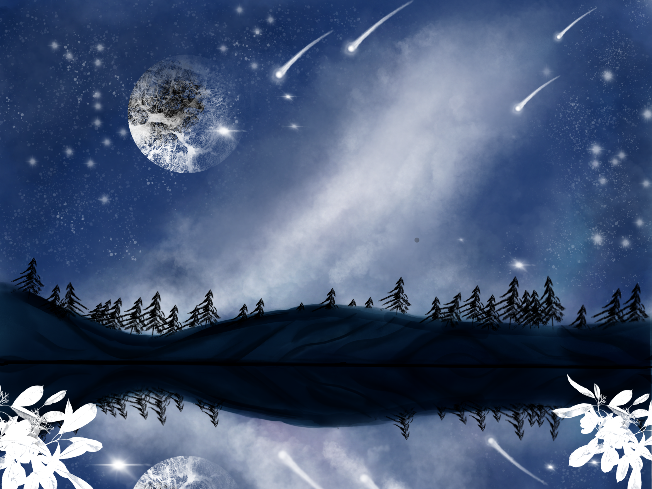 General 2224x1668 galaxy sky blue trees lake sky reflection digital art