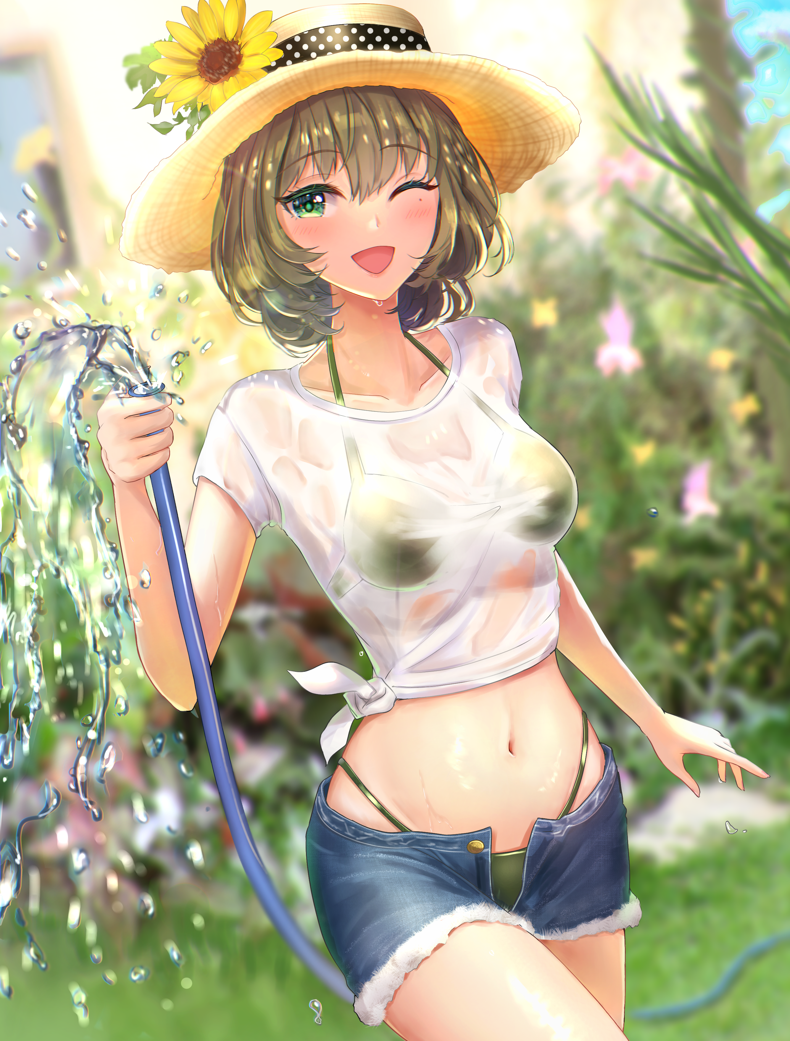 Anime 2670x3519 THE iDOLM@STER THE iDOLM@STER: Cinderella Girls Takagaki Kaede anime girls wet clothing hat shorts belly one eye closed sunflowers open shorts belly button mole under eye